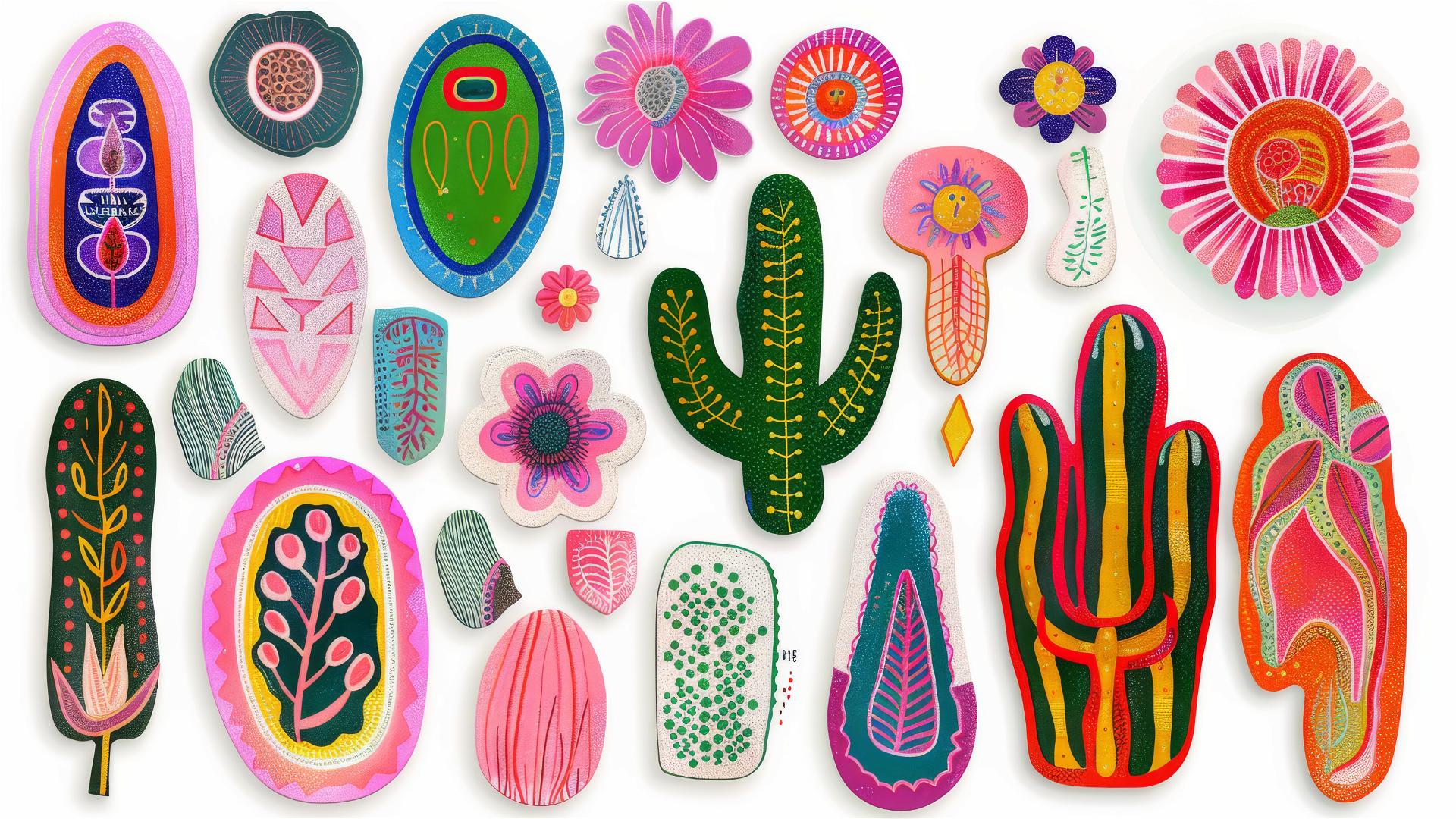 Colorful postage stamps with bold shapes, flowers, suns, on a blue background.