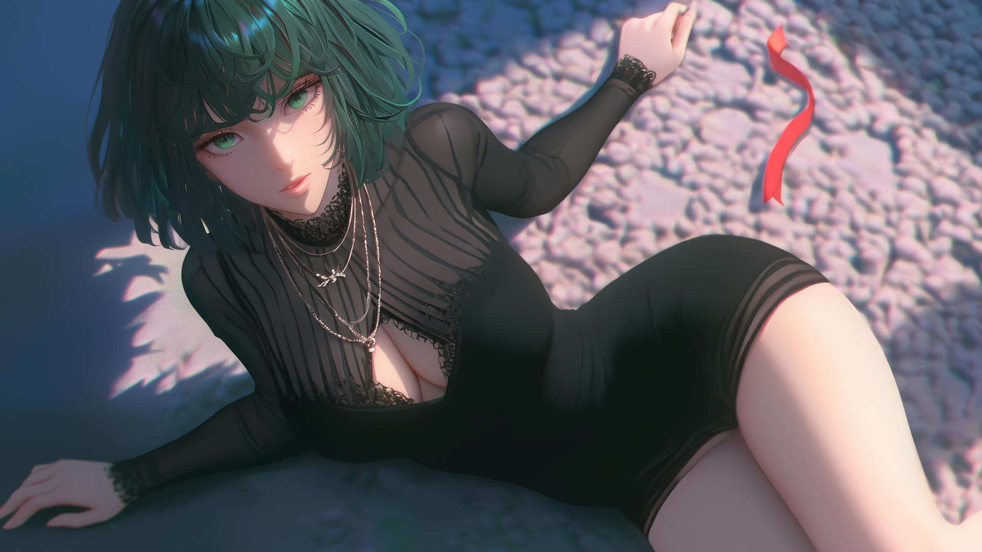 Fubuki from One Punch Man kneeling and looking up, neon-lit modern room.