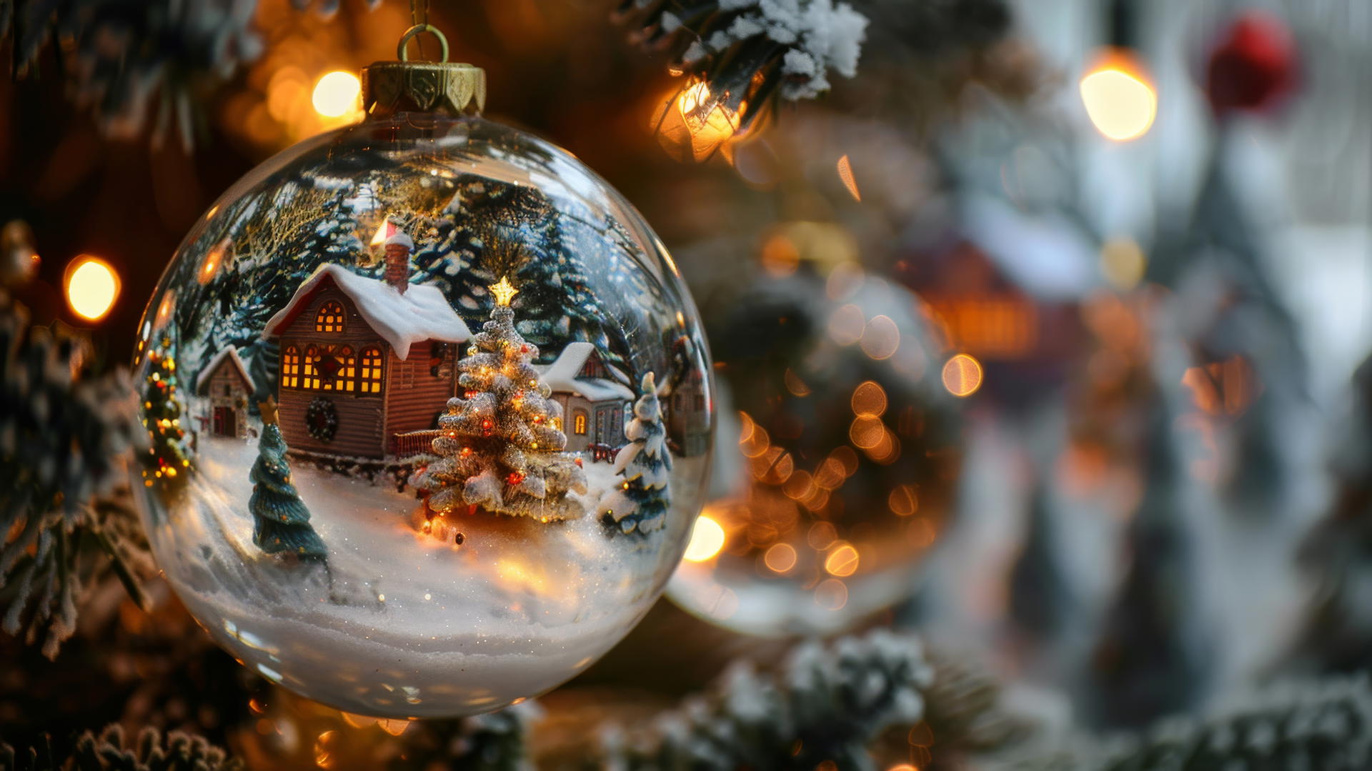 Glass Christmas balls on tree with glowing village scenes inside.