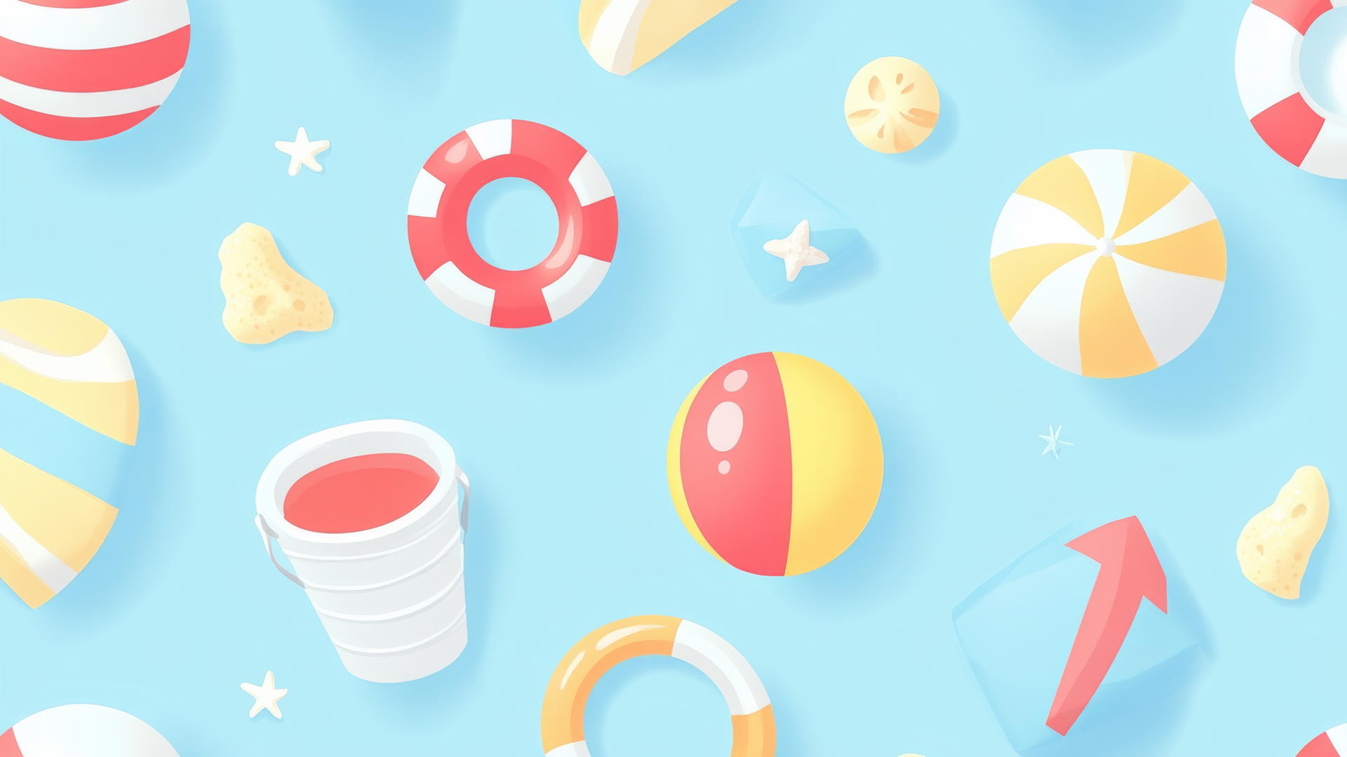 preppy summer wallpaper with cute cartoon beach balls, lifebuoys, and sand buckets on a light blue background