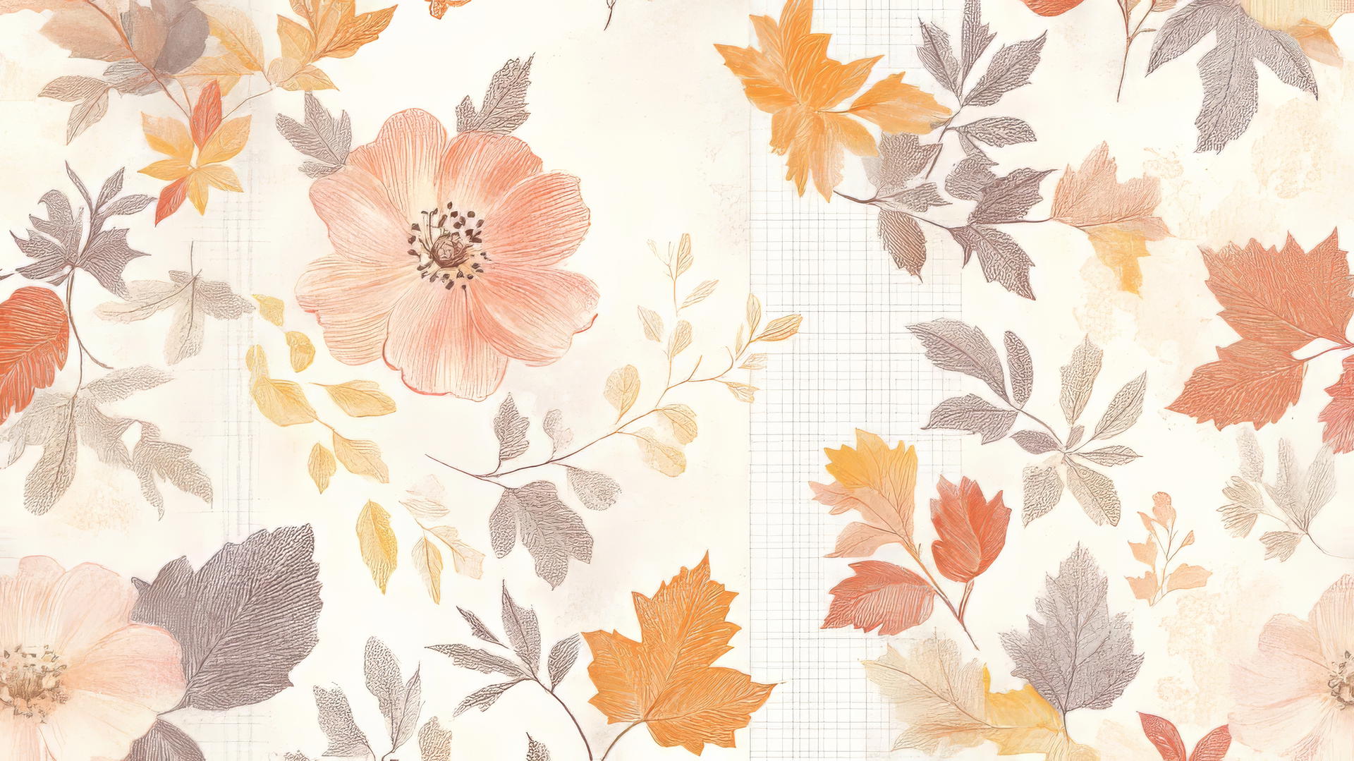Preppy autumn wallpaper with pastel fall flowers, leaves, and subtle plaid accents