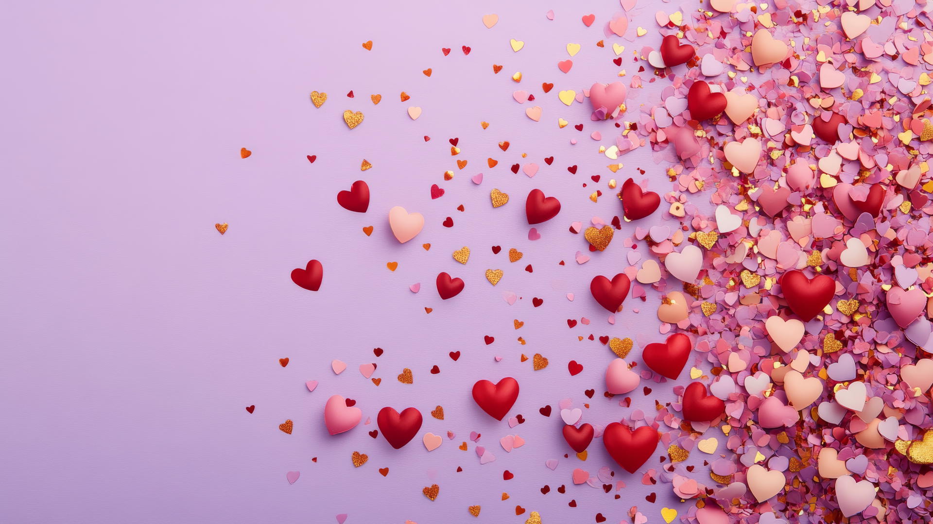 Preppy Valentines wallpaper with heart confetti in pink, red, gold on purple