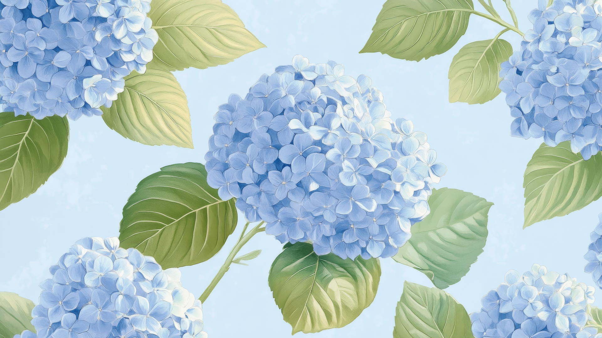 preppy blue wallpaper with hand-drawn blue hydrangeas and green leaves