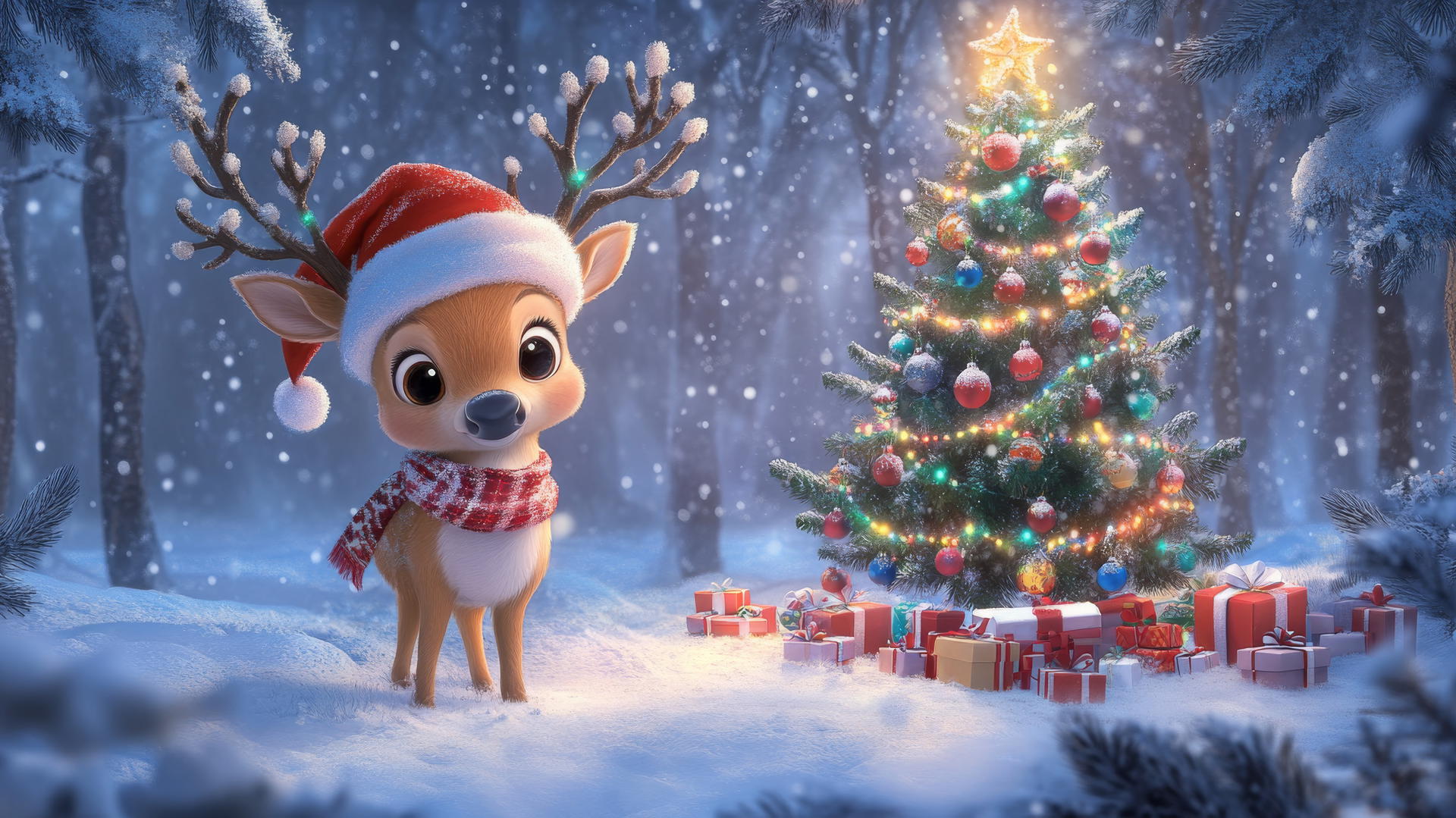 cute wallpapers for christmas with a cartoon reindeer in a scarf and Santa hat by a decorated Christmas tree in a snowy forest