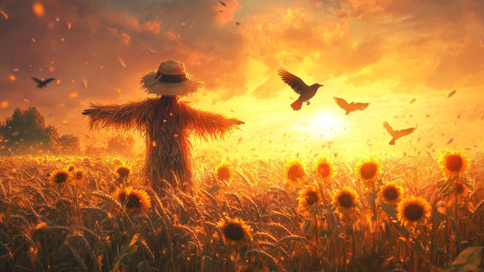 cute fall aesthetic wallpapers, pastel-colored scarecrow, golden wheat field, sunflowers, crows, orange sunset