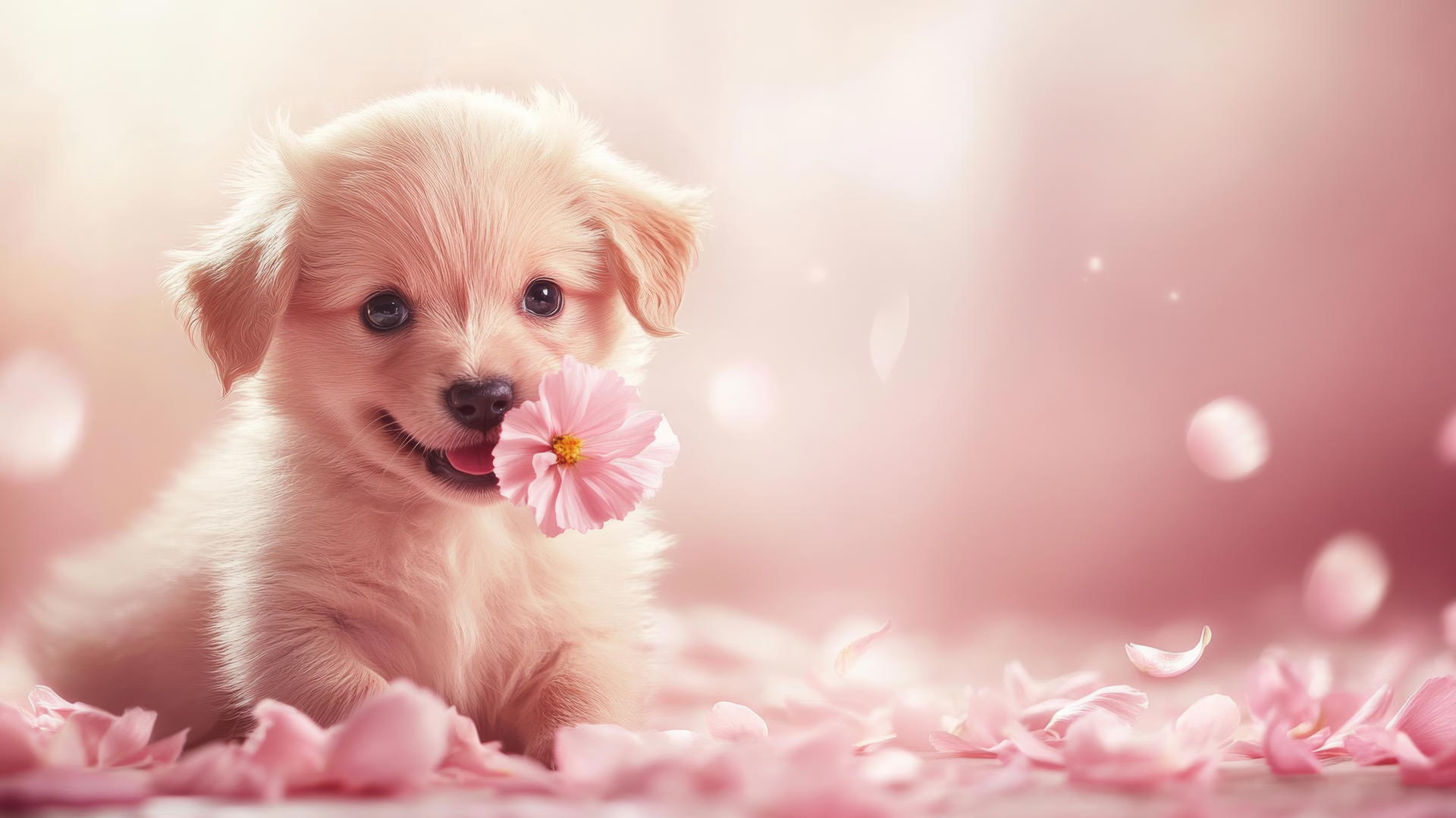 pink cute puppy wallpaper with a smiling puppy holding a flower