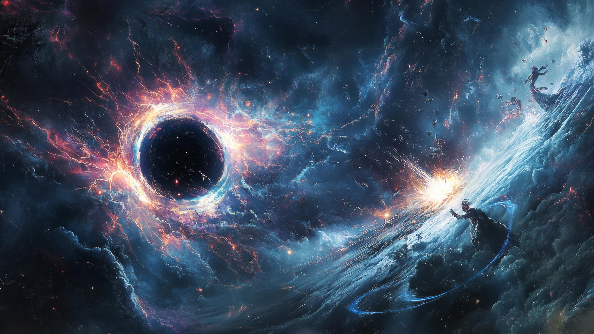 black hole wallpaper with gods battling near the event horizon, distorting space and time