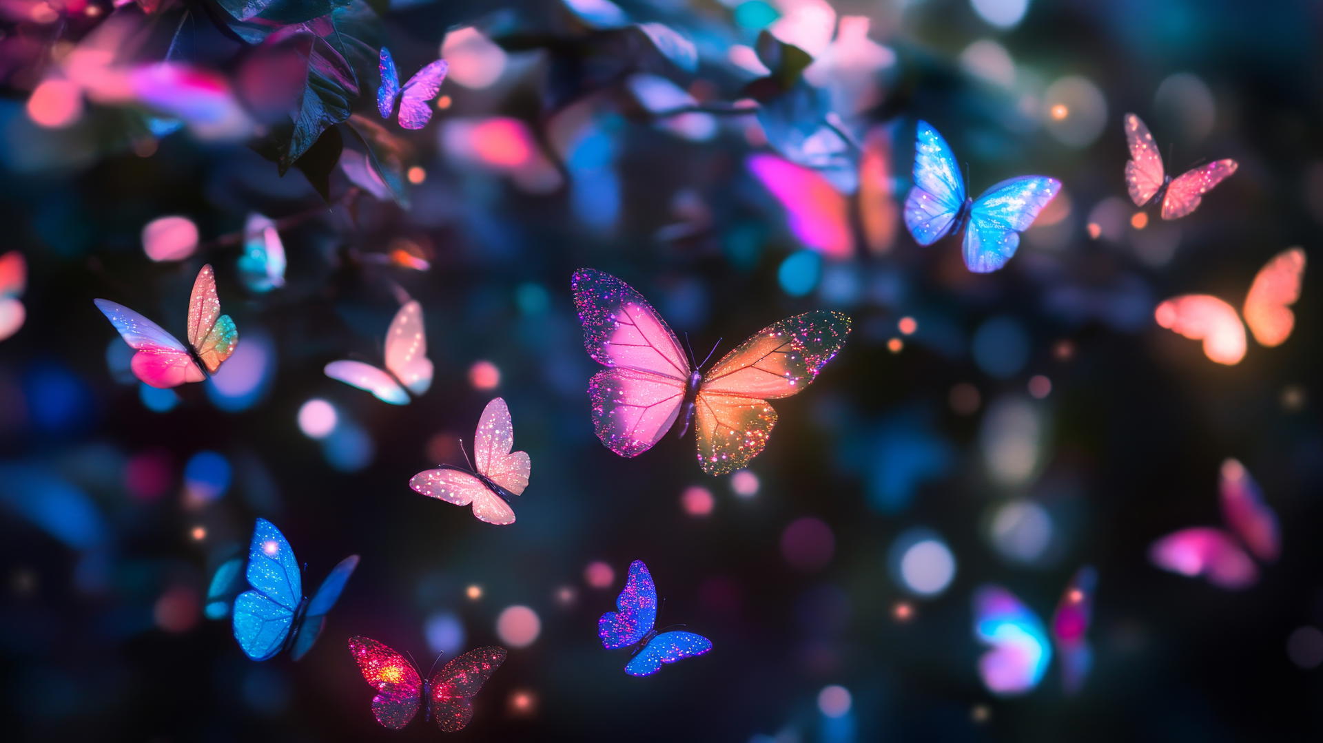 cute black wallpaper with colorful glowing butterflies in a dark forest