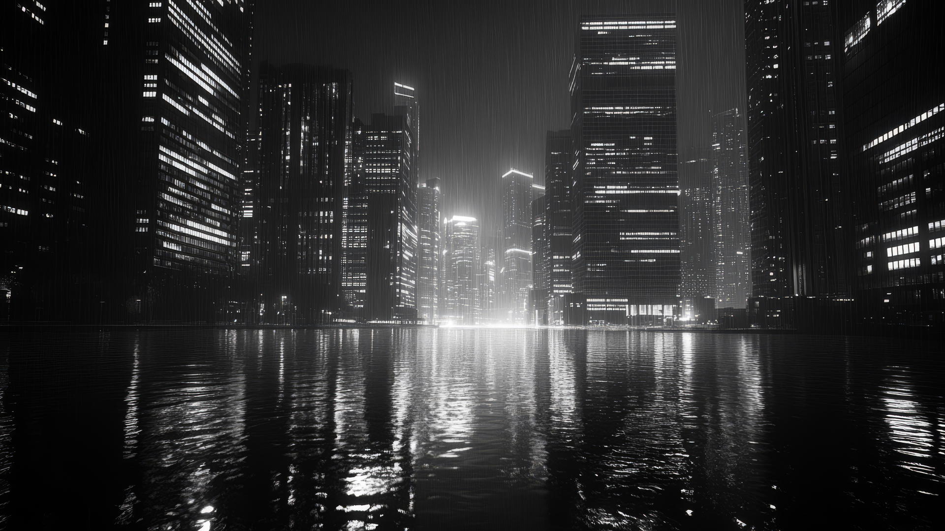 Black and white wallpaper of a nighttime cityscape with skyscrapers and wet streets