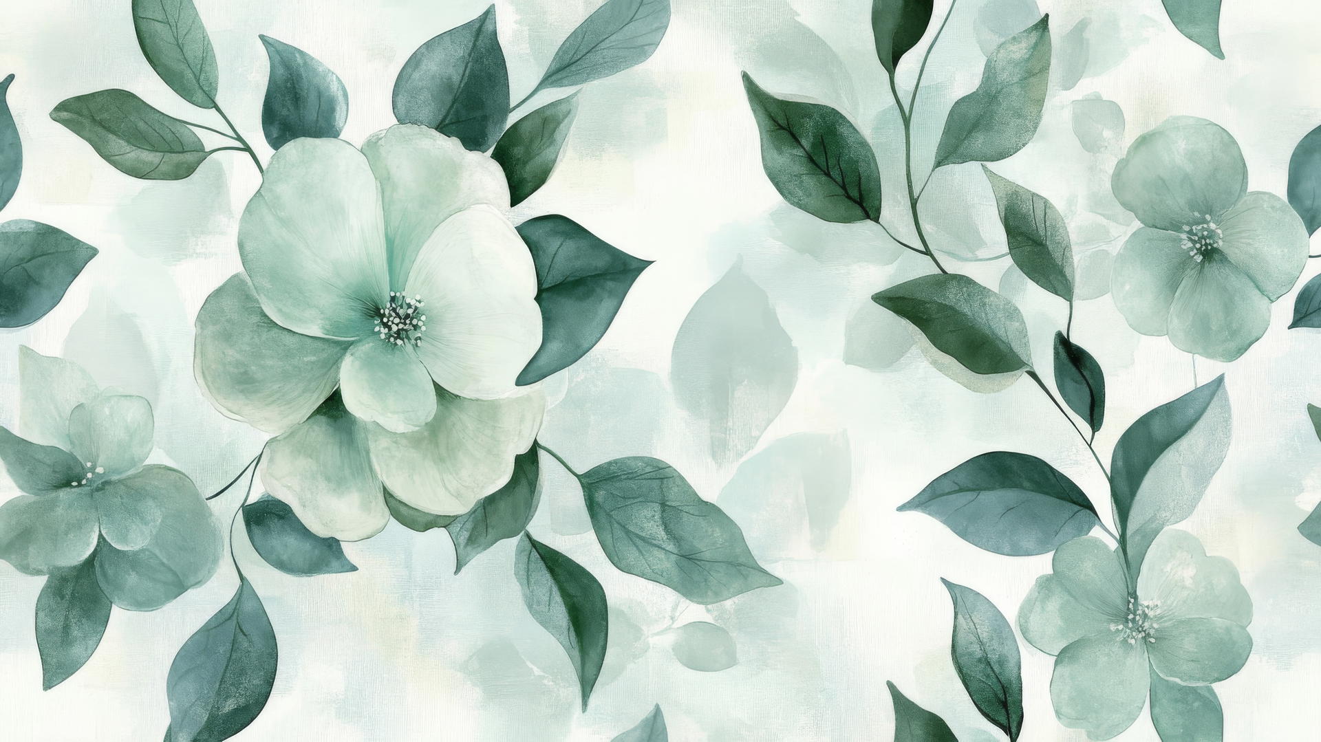 green floral wallpaper with large watercolor leaves and blossoms