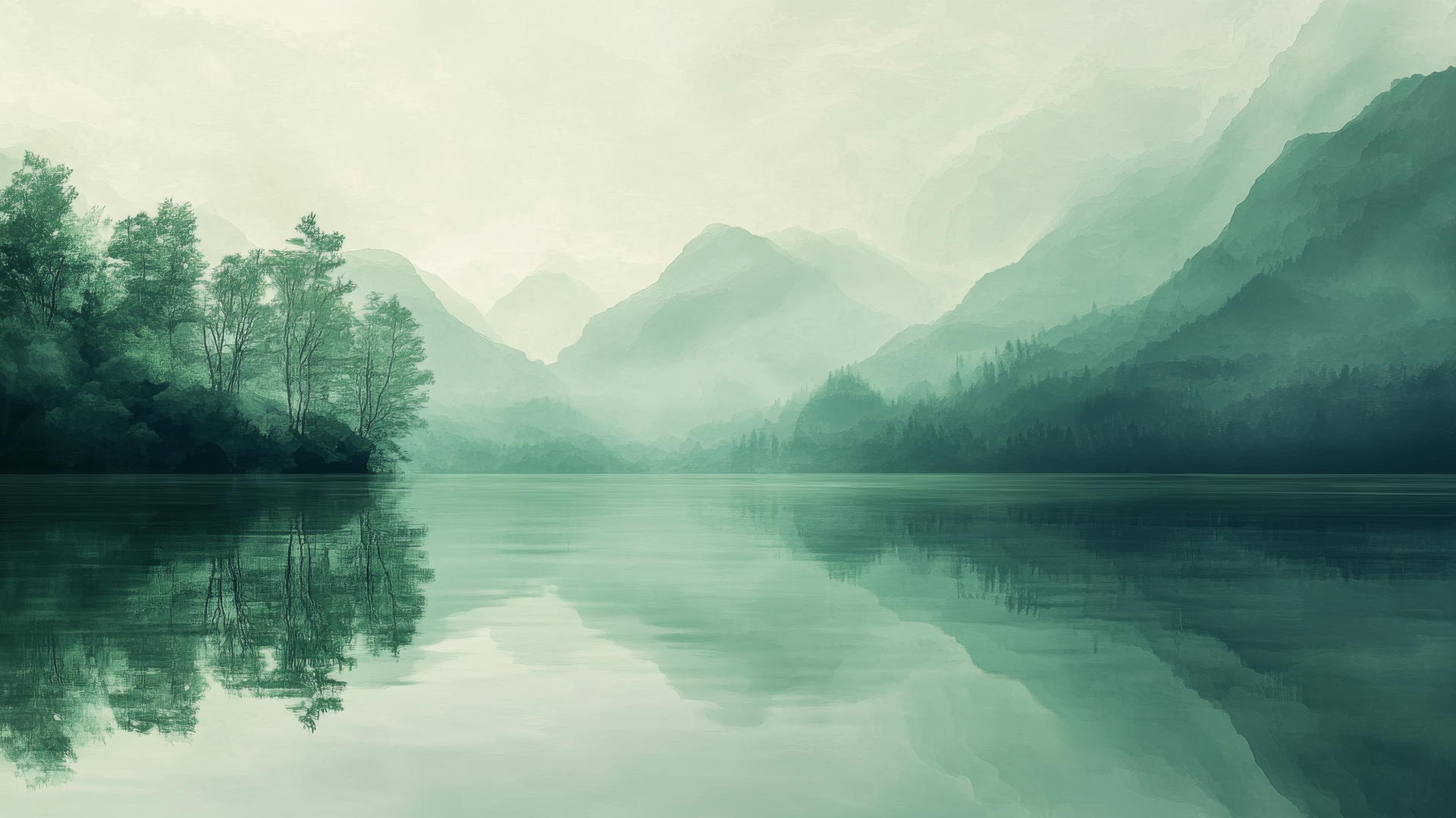 green aesthetic wallpaper with serene mountain landscape reflected in still lake