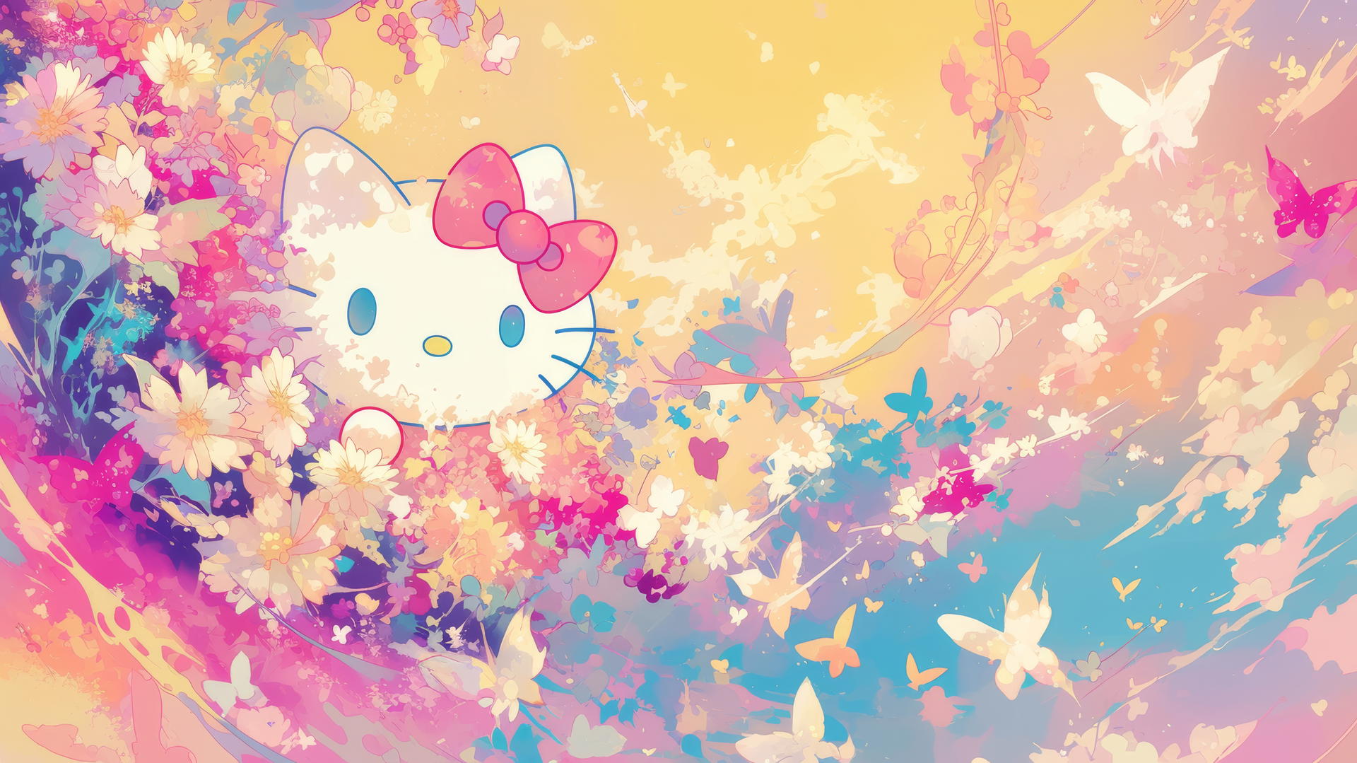 Y2K Hello Kitty wallpaper aesthetic with metallic butterfly theme, shiny textures.