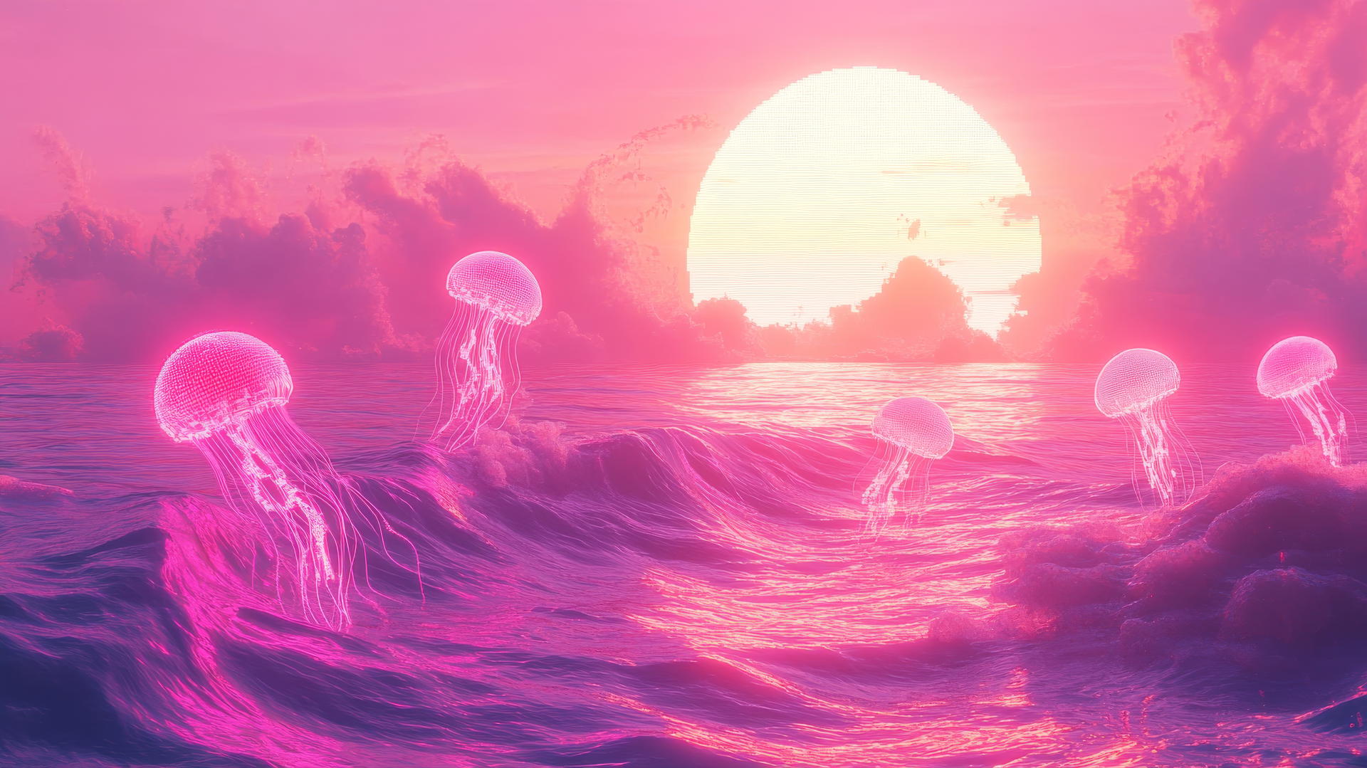 Pink Y2K wallpaper with neon pink waves and pixelated jellyfish