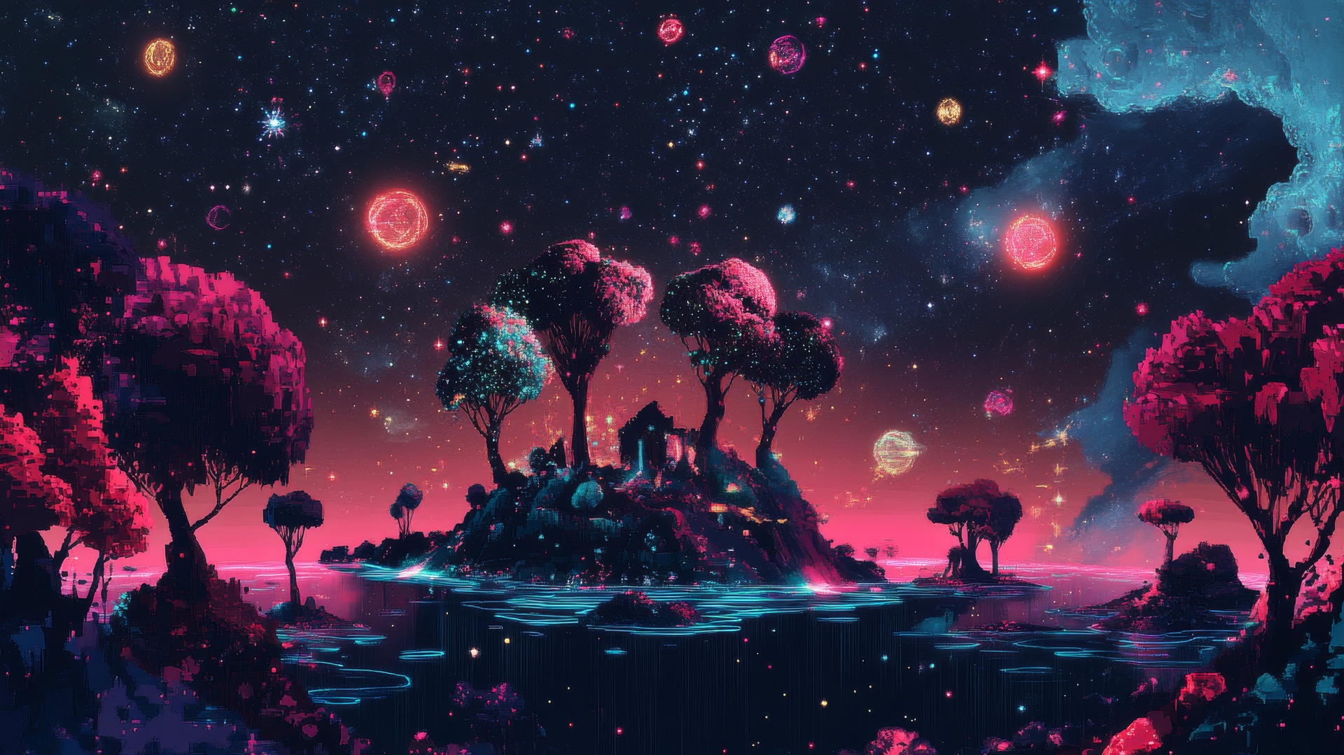 y2k star wallpaper with floating digital island, neon trees, pixelated animals, and holographic constellations