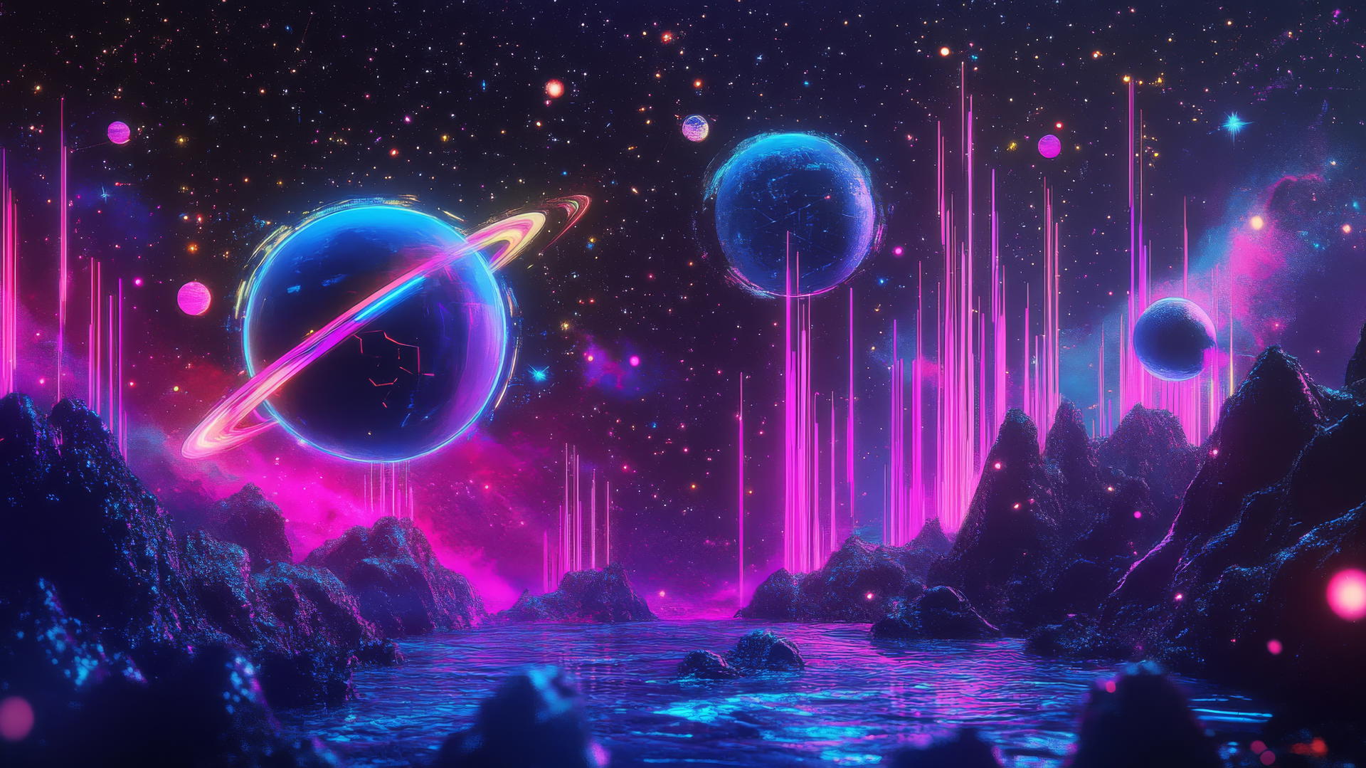 cyber Y2K star wallpaper with neon constellations and glitchy planets