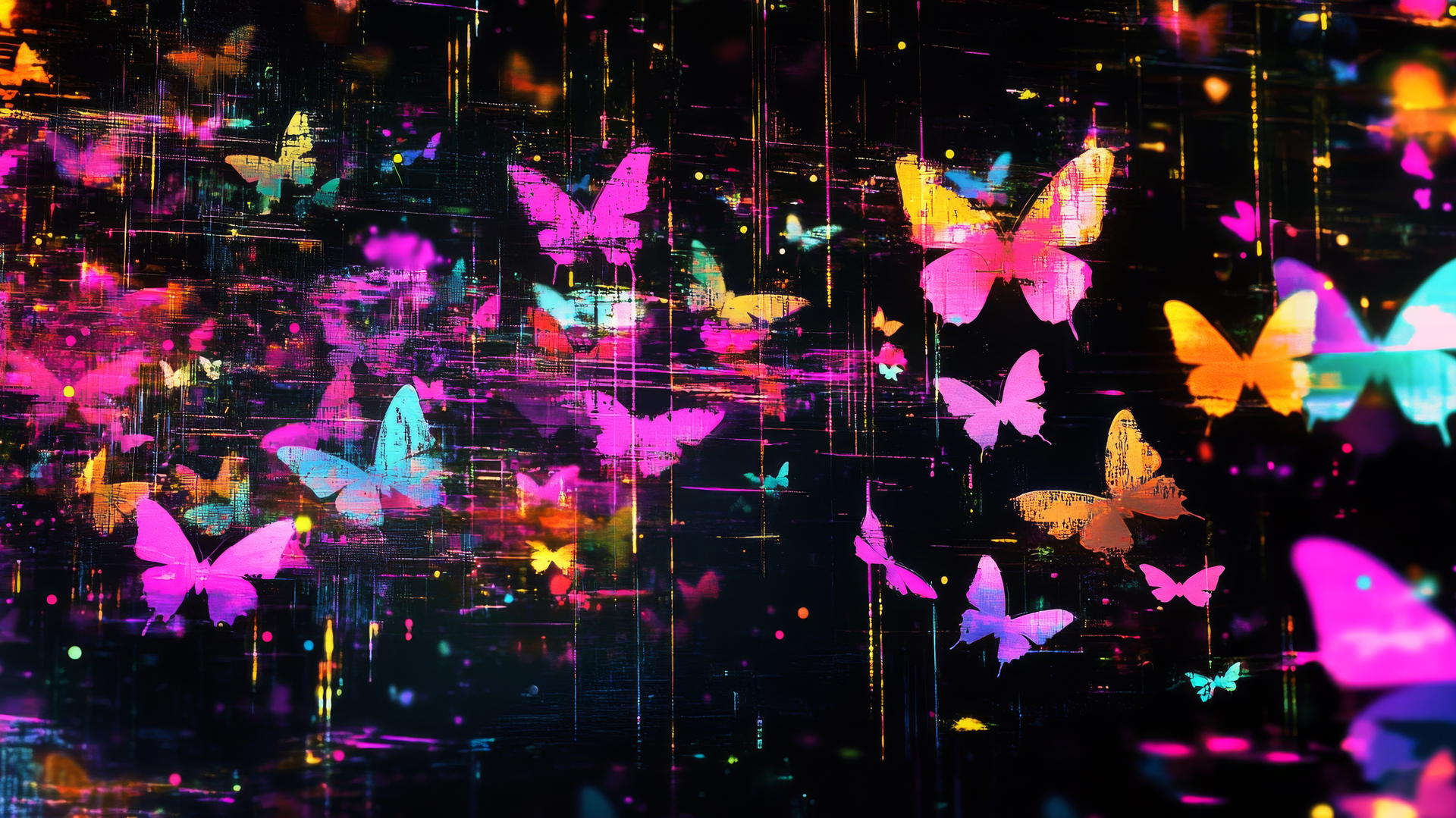 Y2K wallpaper black with neon holographic butterflies and glitch effects