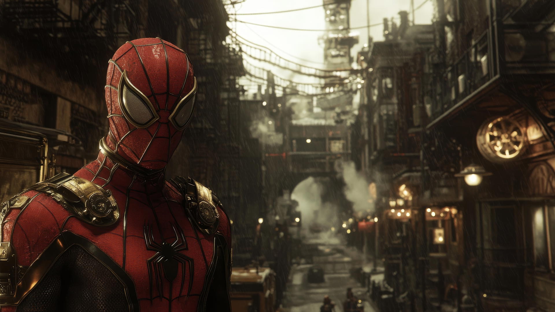 Spider-Man wallpaper aesthetic in steampunk setting with brass and leather suit