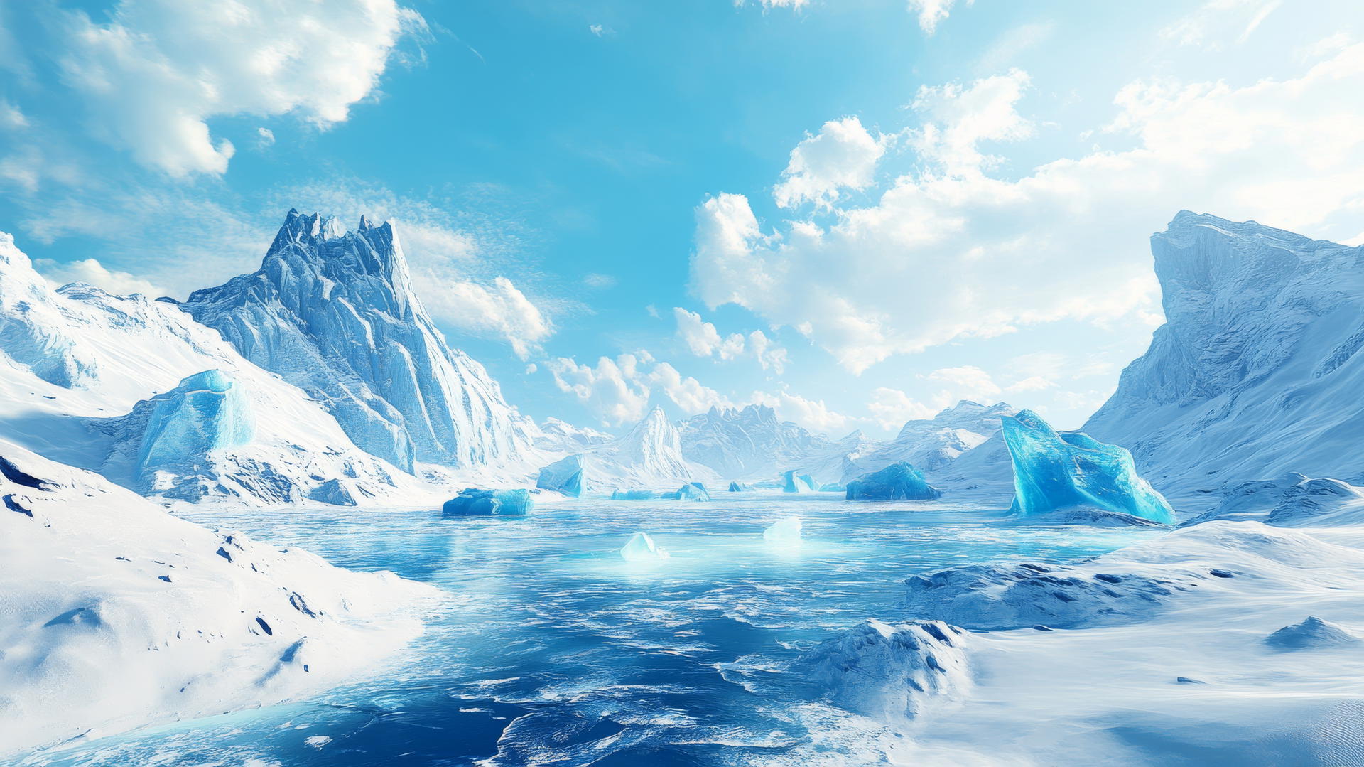 Blue wallpaper with winter landscape, blue icebergs, and snow-covered mountains.