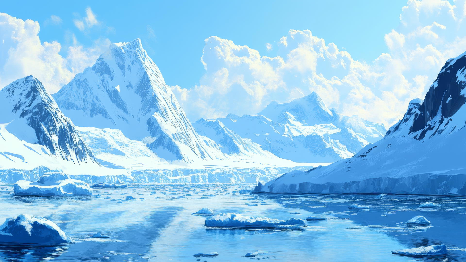blue wallpaper with icebergs and mountains