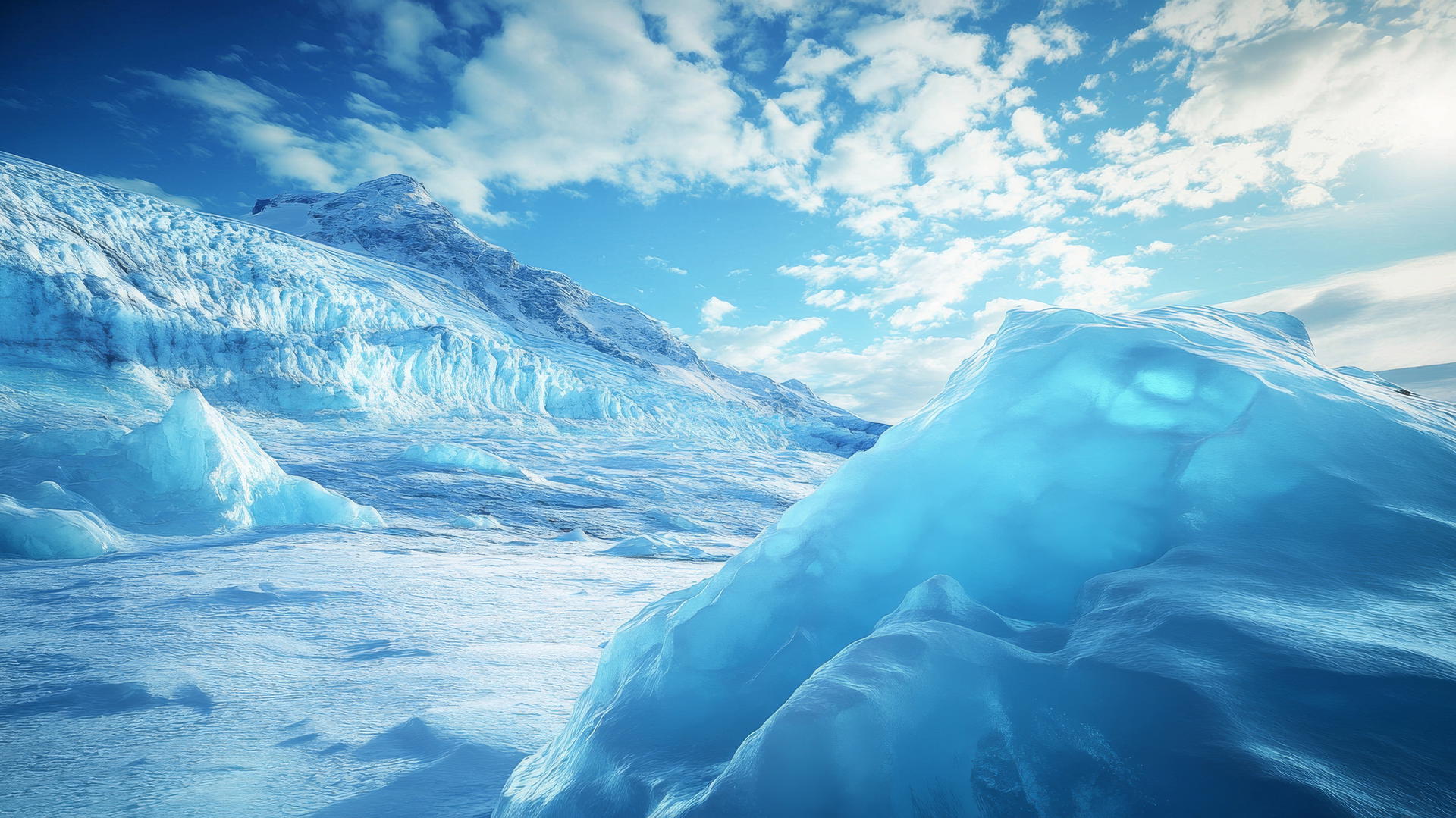 light blue wallpaper of an icy glacier landscape with blue sky