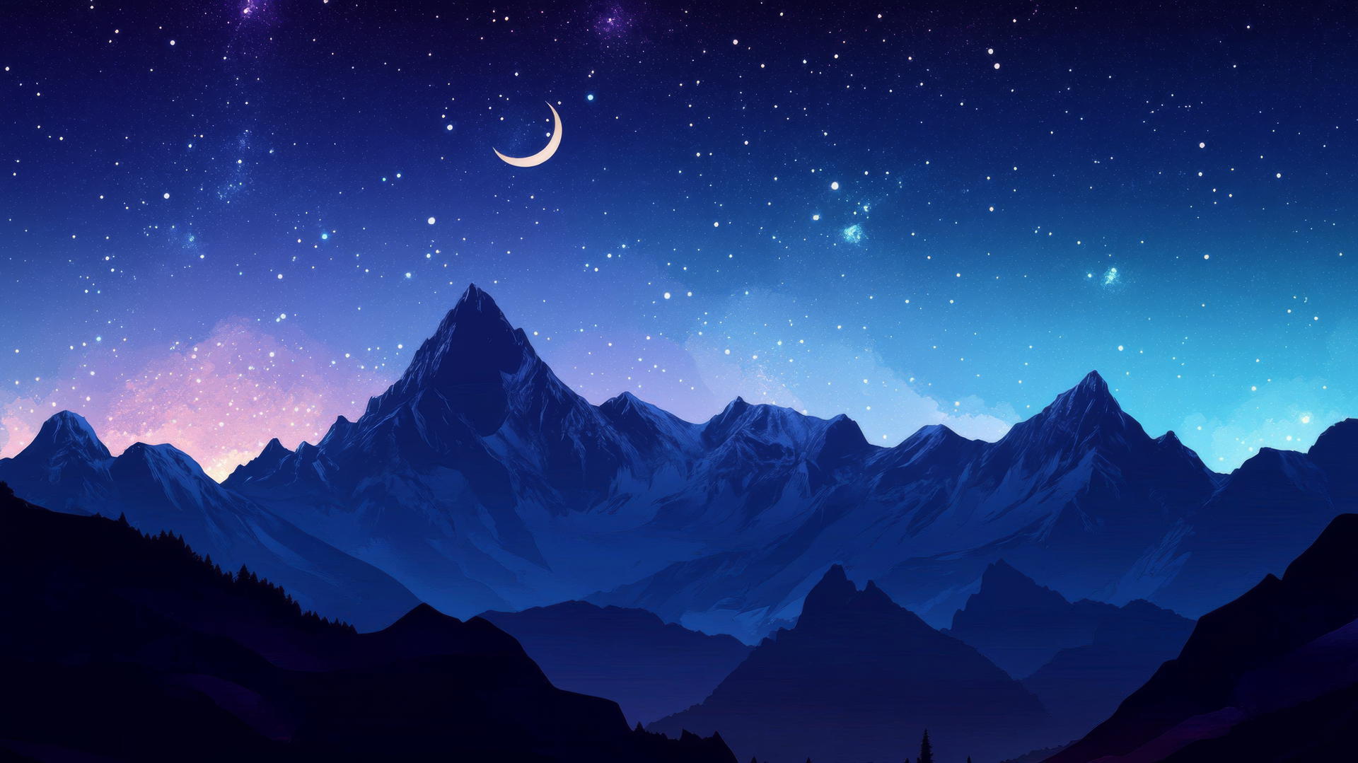 dark blue wallpaper with majestic mountain range, night sky, stars, and crescent moon