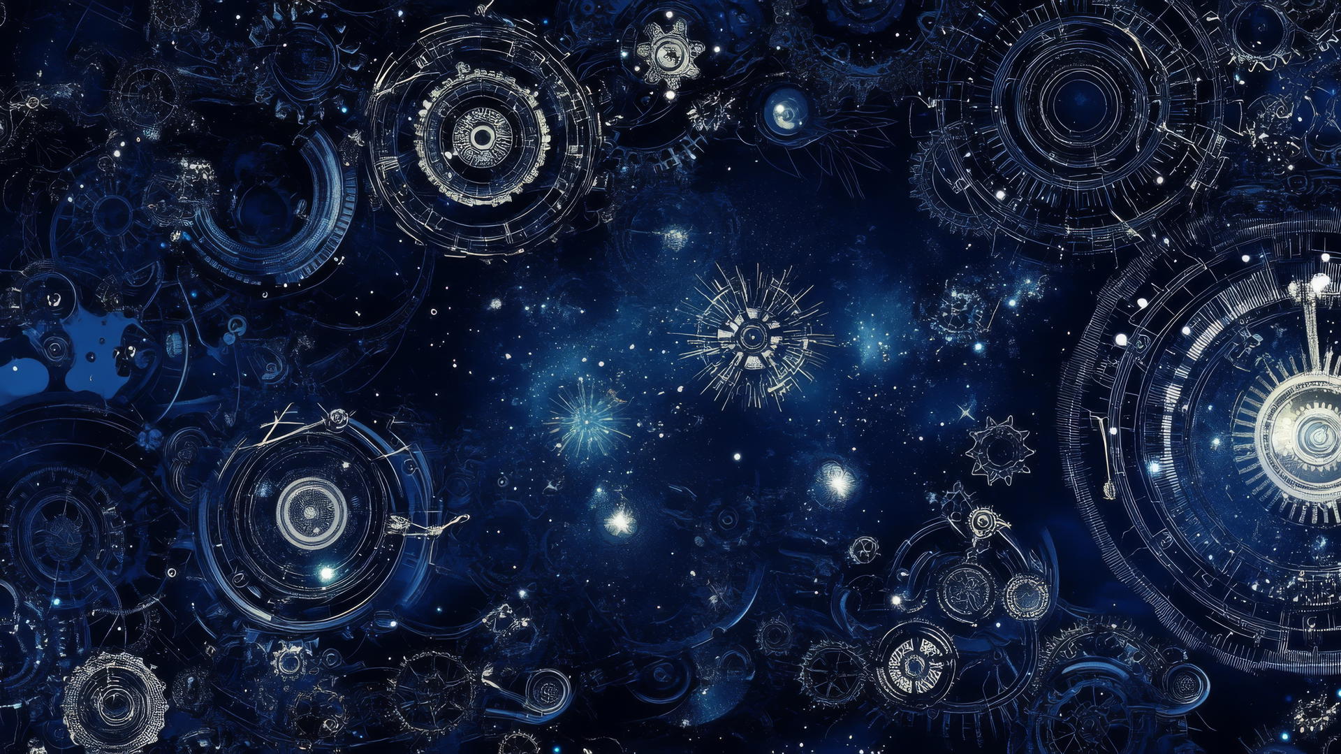 Navy blue wallpaper with a cosmic clockwork design, intricate gears, and celestial motifs
