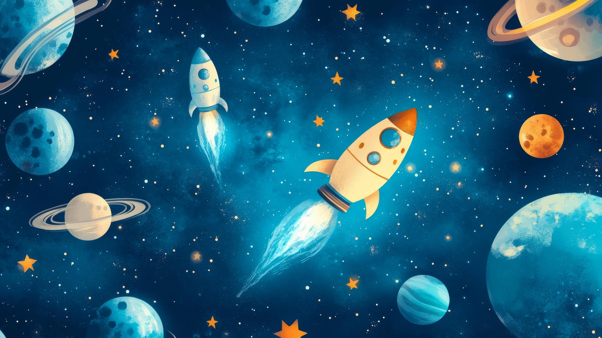 blue wallpaper for kids with friendly aliens, rockets, planets, and stars