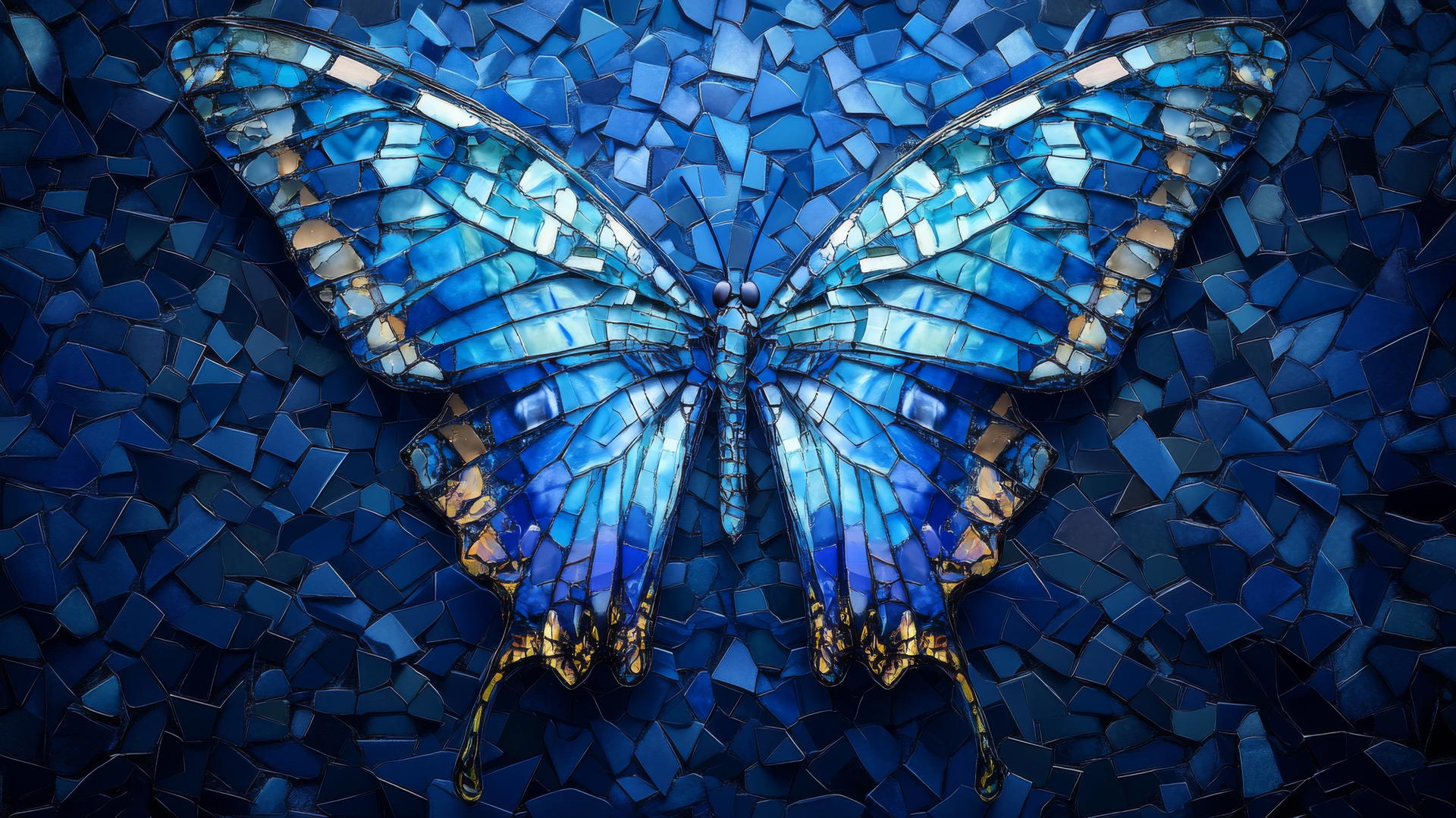blue background wallpaper with mosaic butterfly design in shades of blue