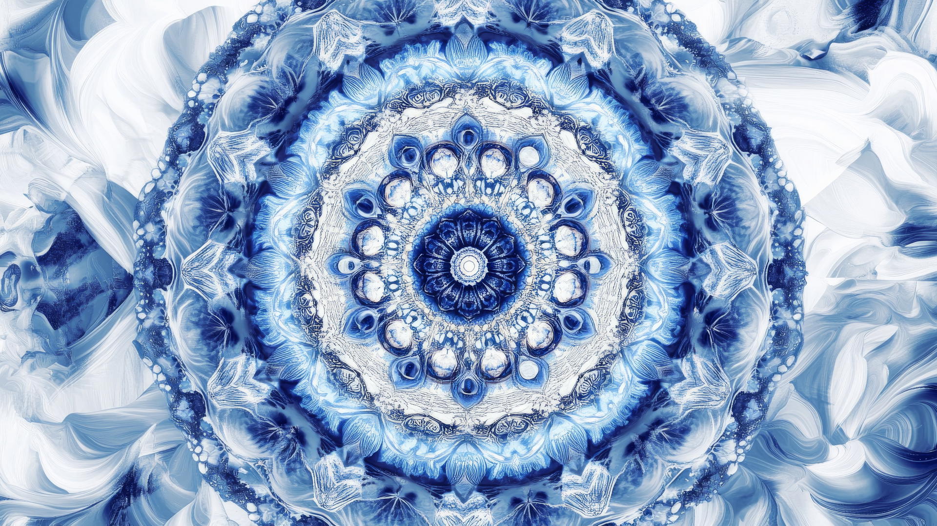blue and white wallpaper with intricate symmetrical mandala design