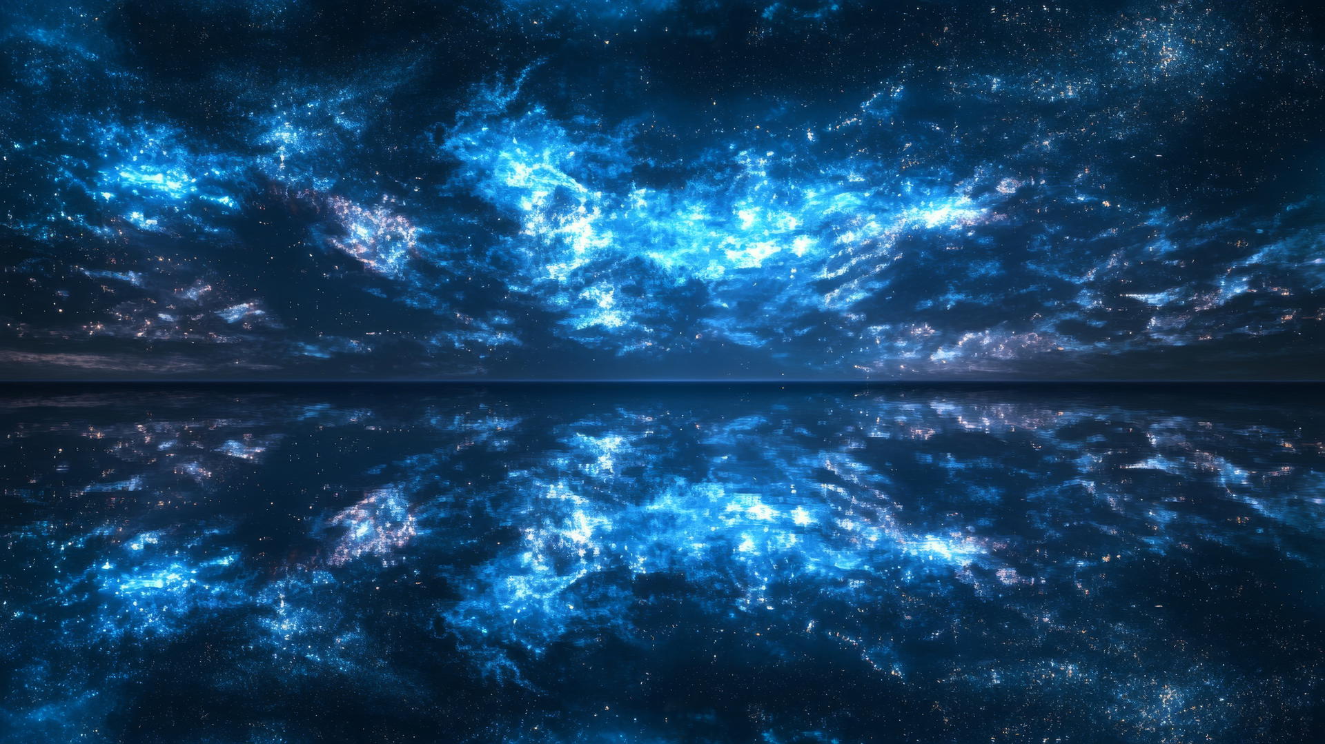 dark blue aesthetic wallpaper with galaxy reflection and mirrored stars in water