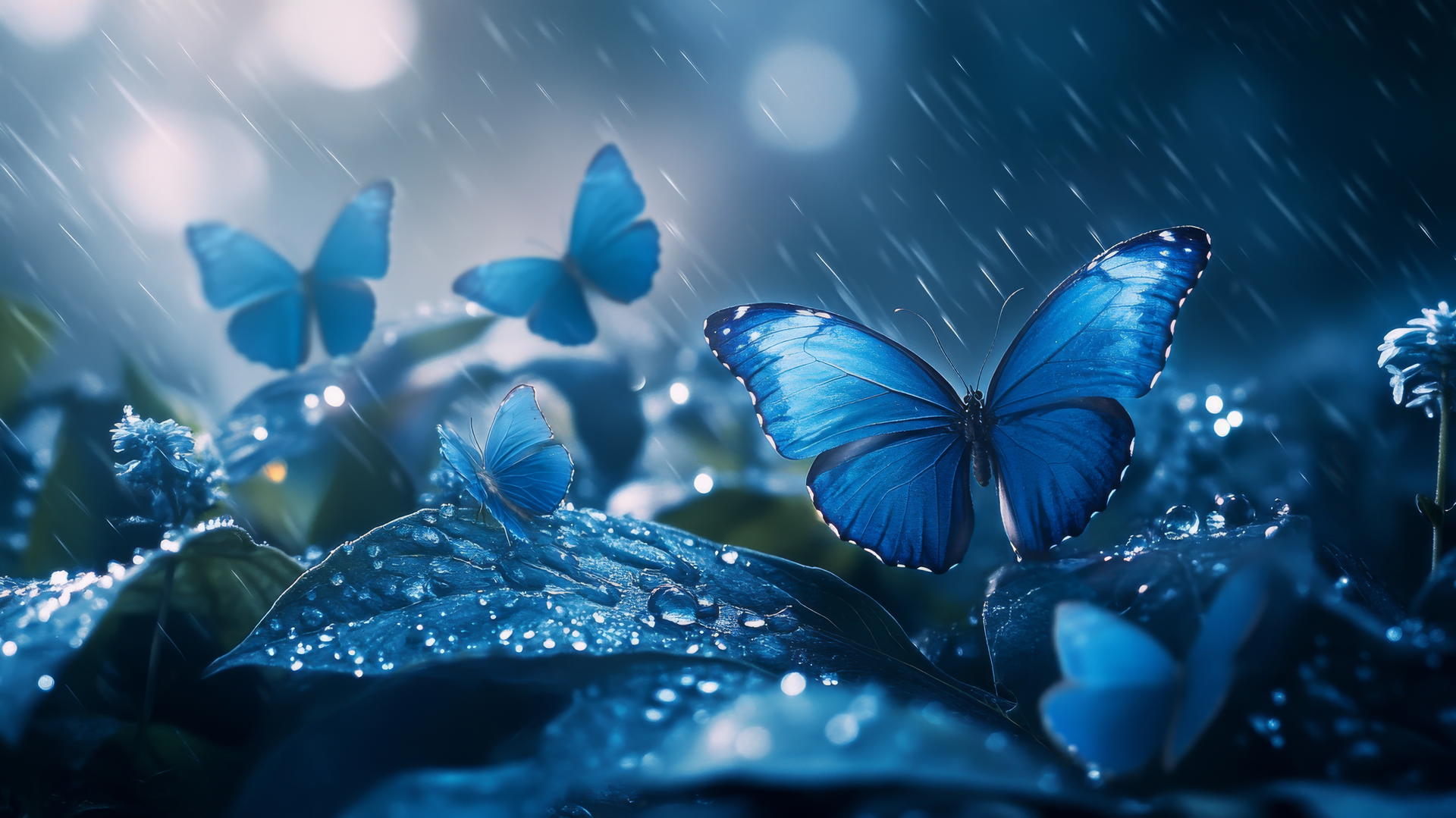 blue butterfly wallpaper with butterflies on dew-covered leaves and flowers