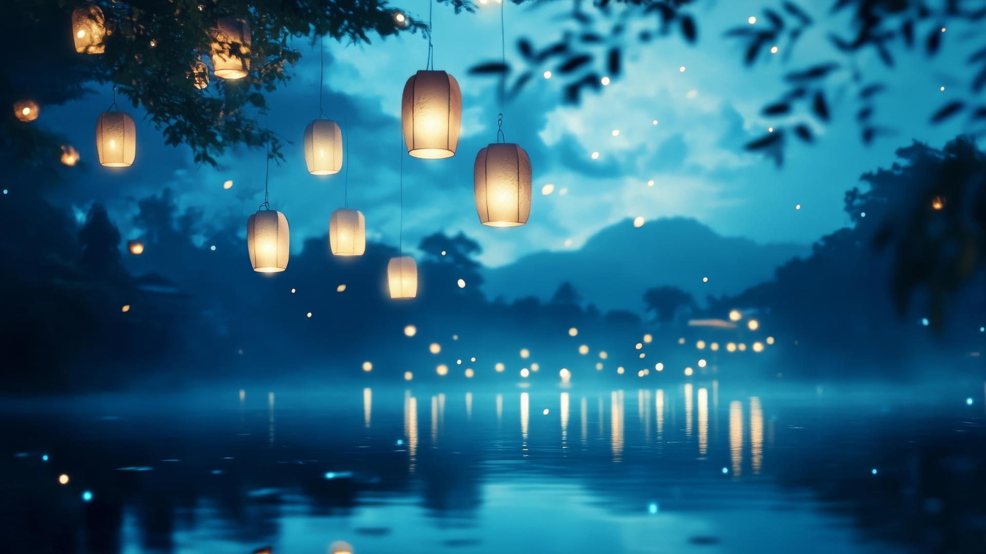aesthetic blue wallpaper with floating lanterns on a twilight lake