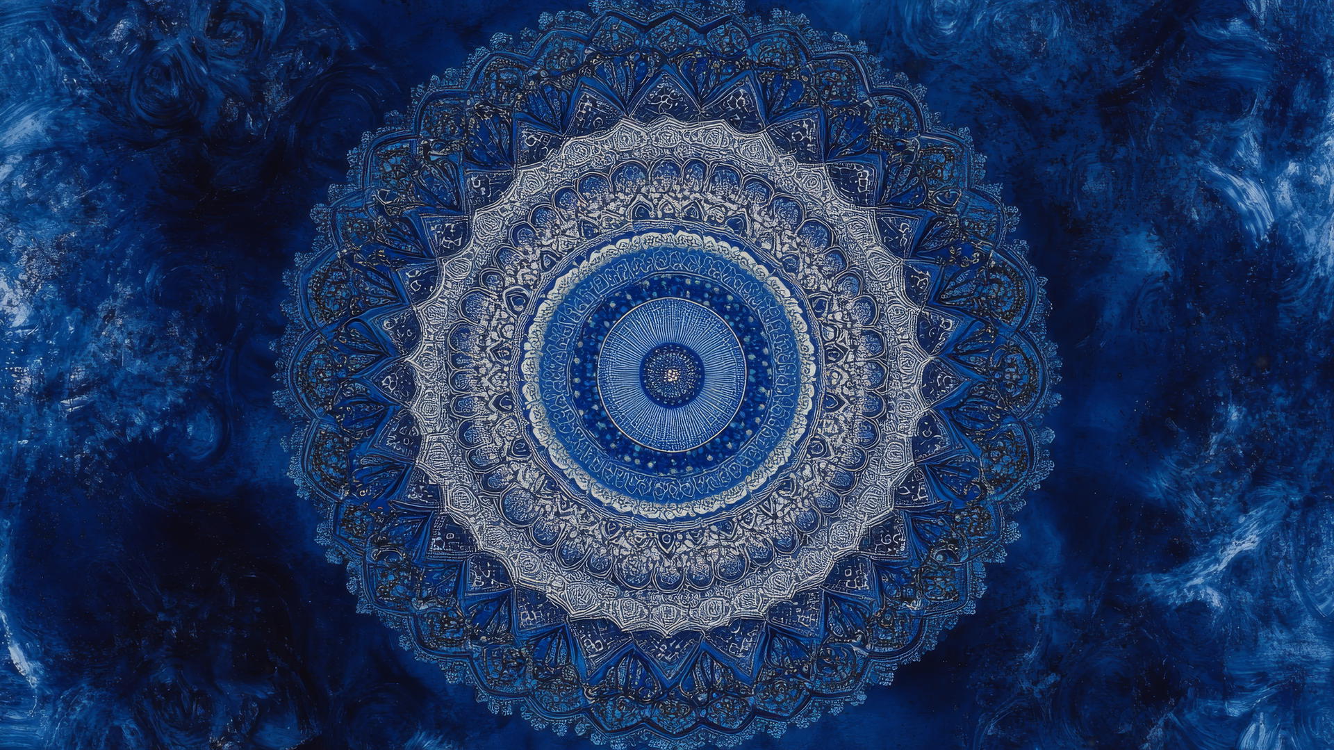 Detailed mandala design in royal blue, intricate patterns with spiritual aesthetic