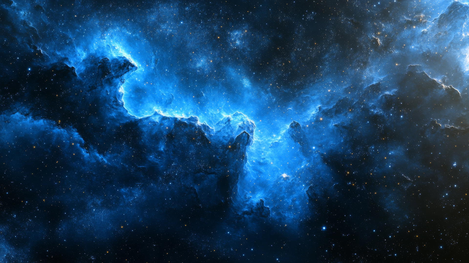 Black and blue wallpaper with a cosmic nebula in shades of blue against a deep black space background.