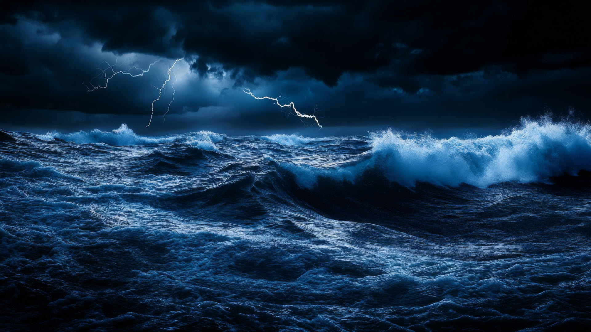 black and blue wallpaper with ocean waves and stormy sky
