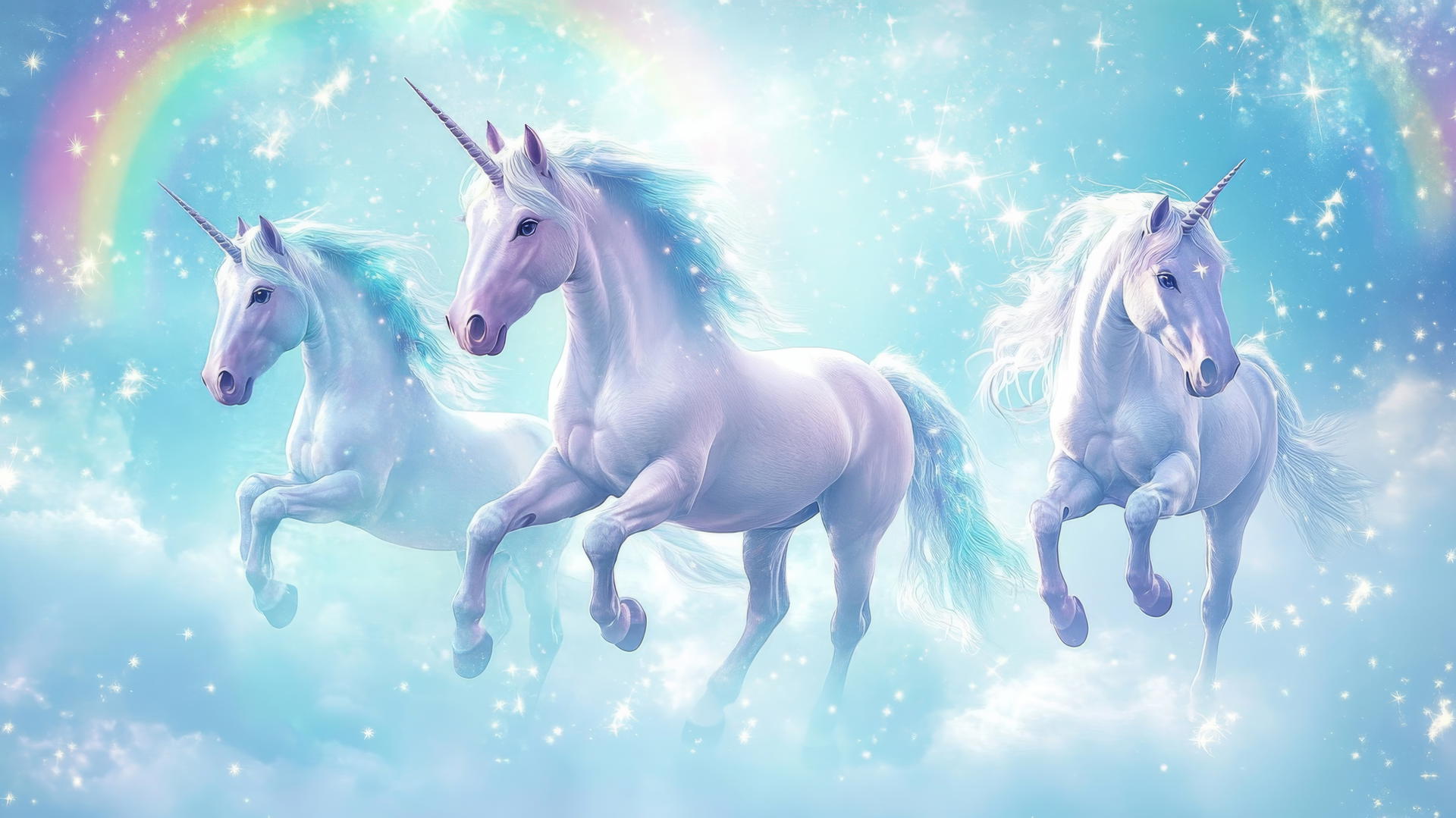 cute blue wallpaper featuring dreamy unicorns with sparkling manes and tails among stars and rainbows