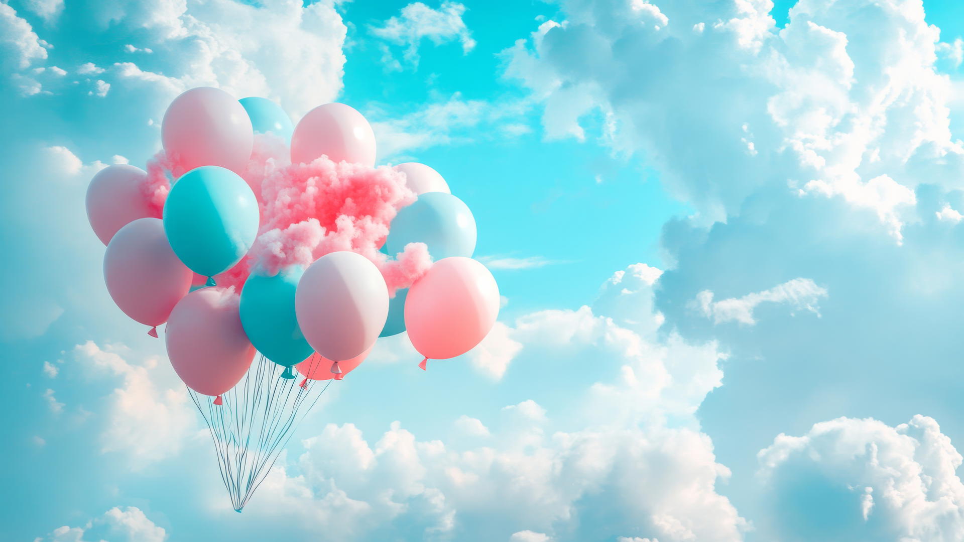 Pink and blue wallpaper with balloons floating in a bright blue sky with white clouds