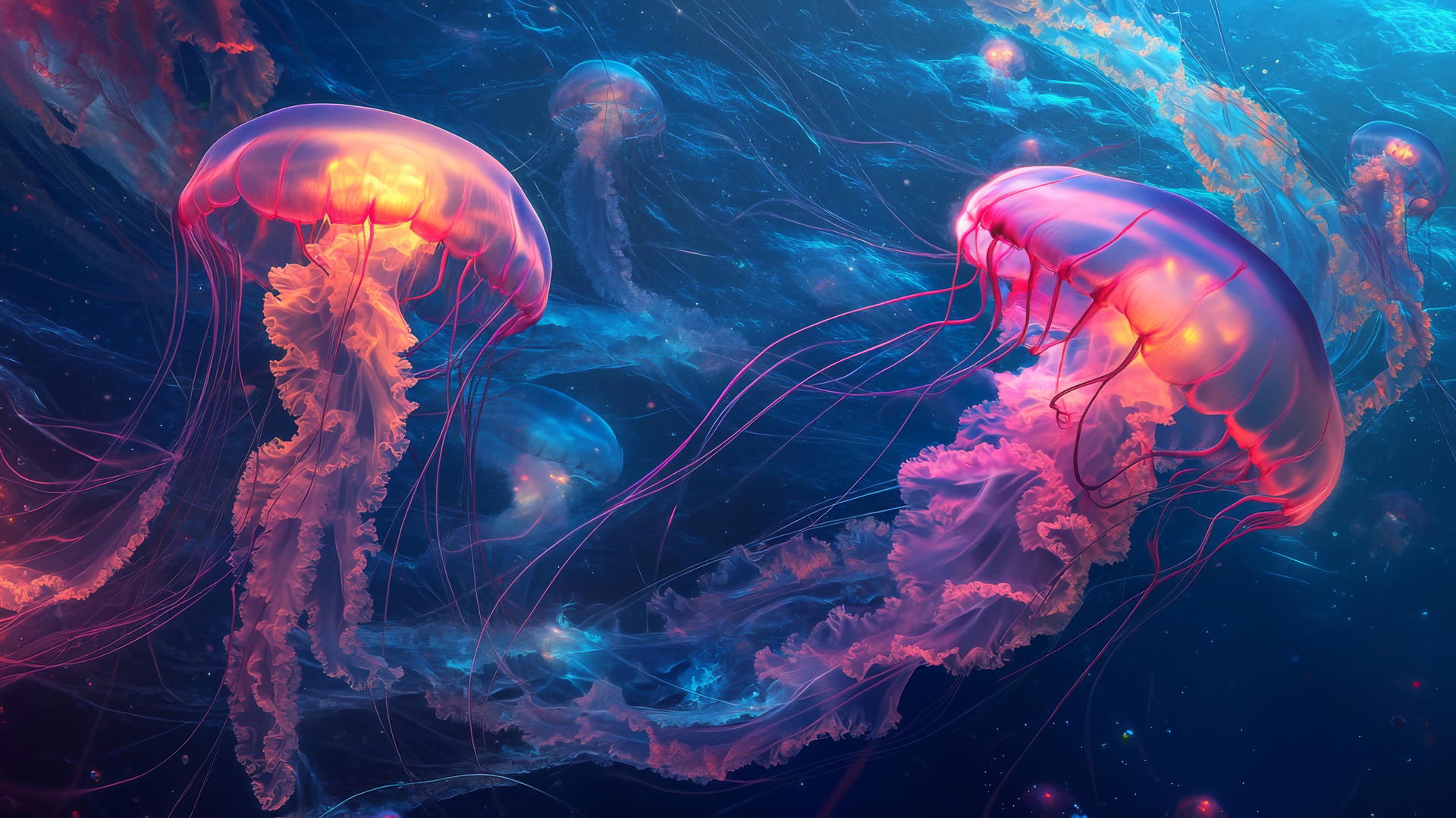 ethereal pink and blue wallpaper with glowing jellyfish in deep ocean
