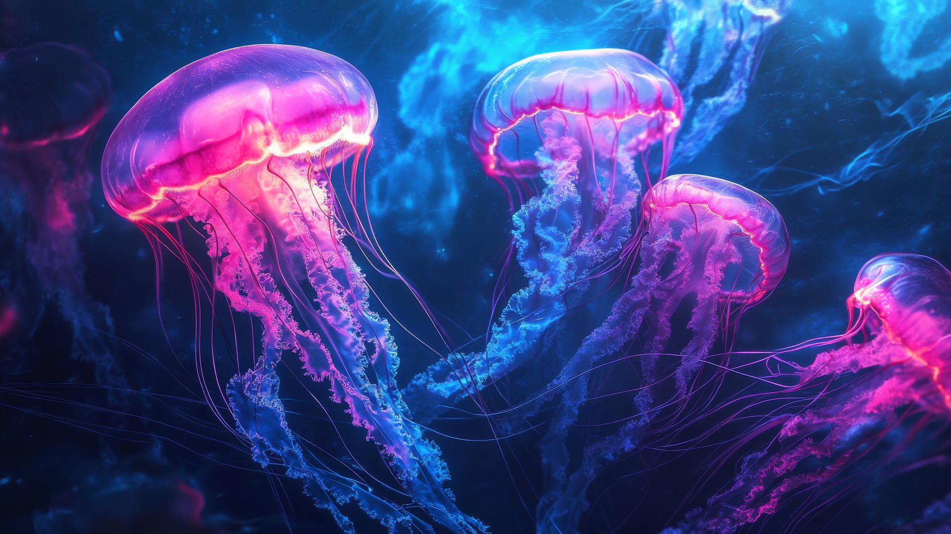 Ethereal pink and blue jellyfish with glowing tendrils in a serene ocean.