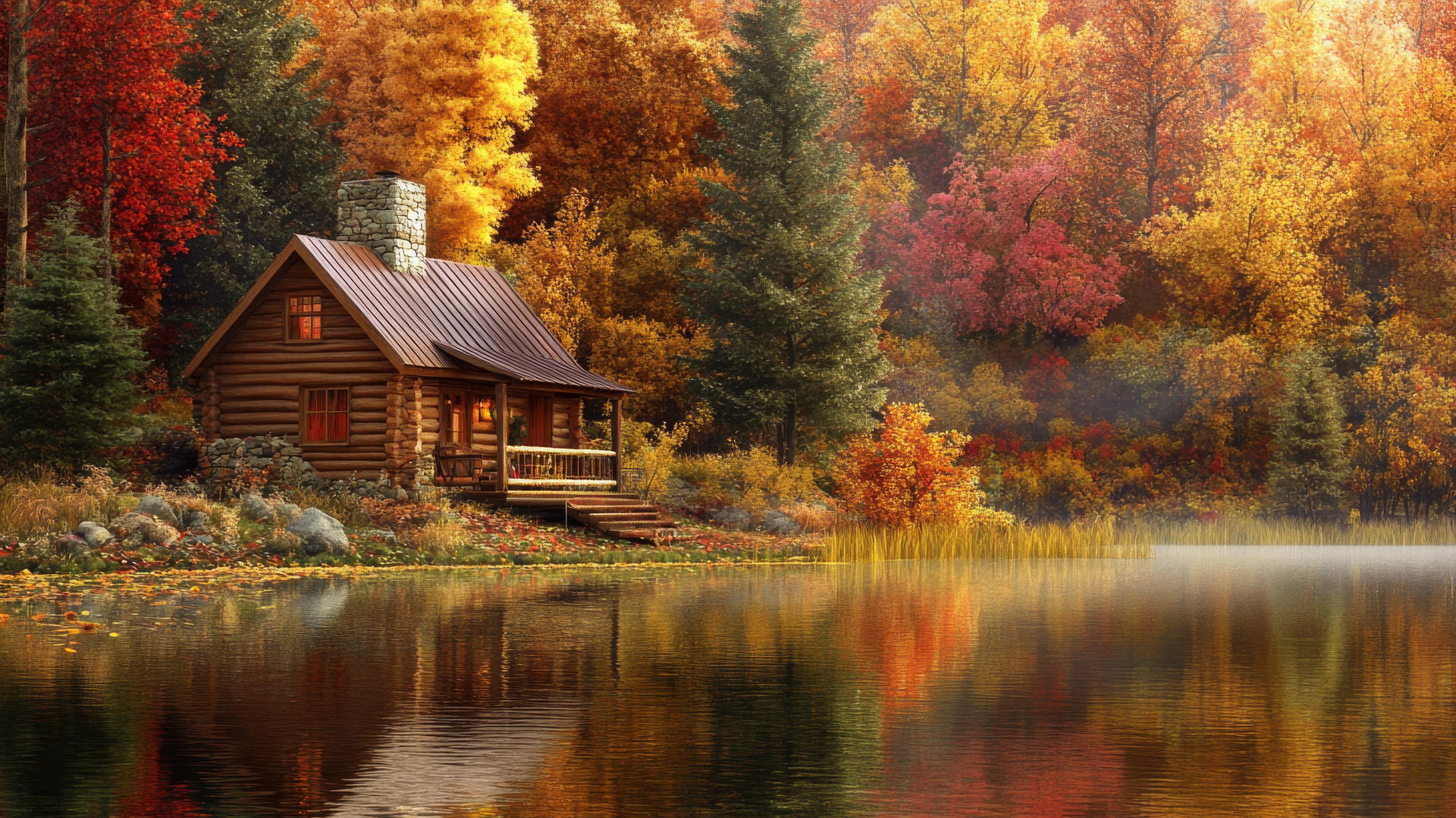 thanksgiving wallpaper with a warm autumn landscape, wooden cabin by a lake, colorful fall trees