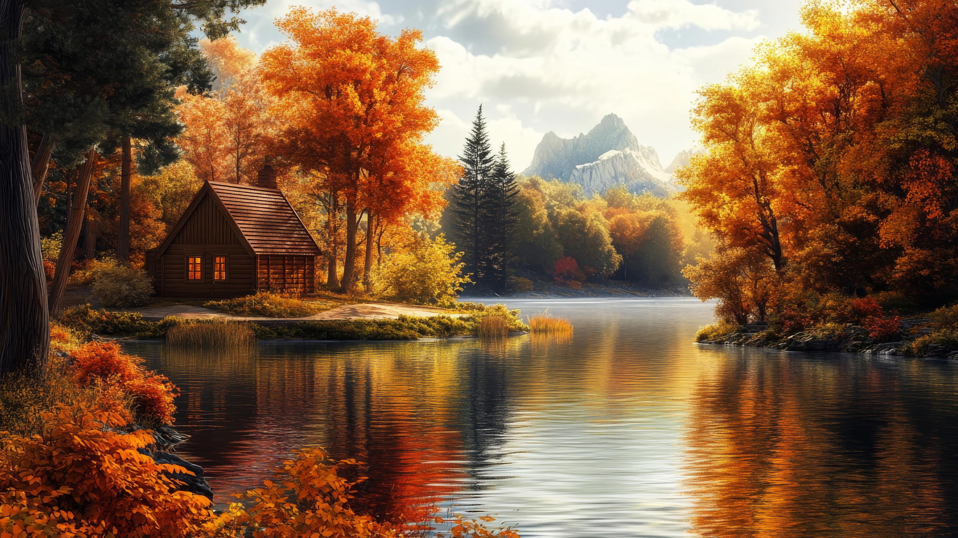 Thanksgiving wallpaper featuring an autumn landscape with cabin by lake and fall trees