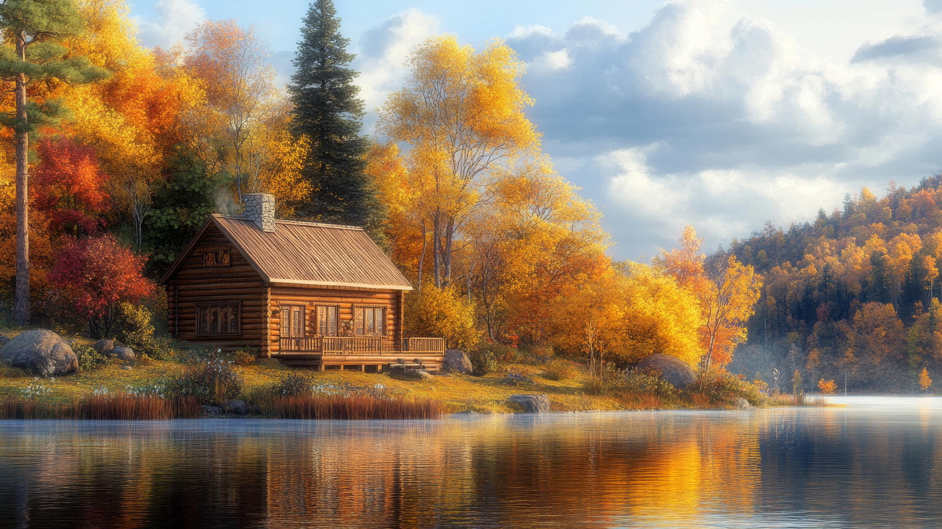 Thanksgiving wallpaper with a warm autumn landscape, wooden cabin by a lake, and colorful fall trees