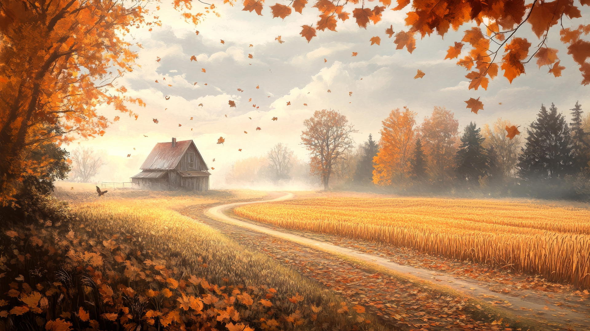 Aesthetic Thanksgiving wallpaper with misty autumn morning, farmhouse, amber wheat, falling leaves