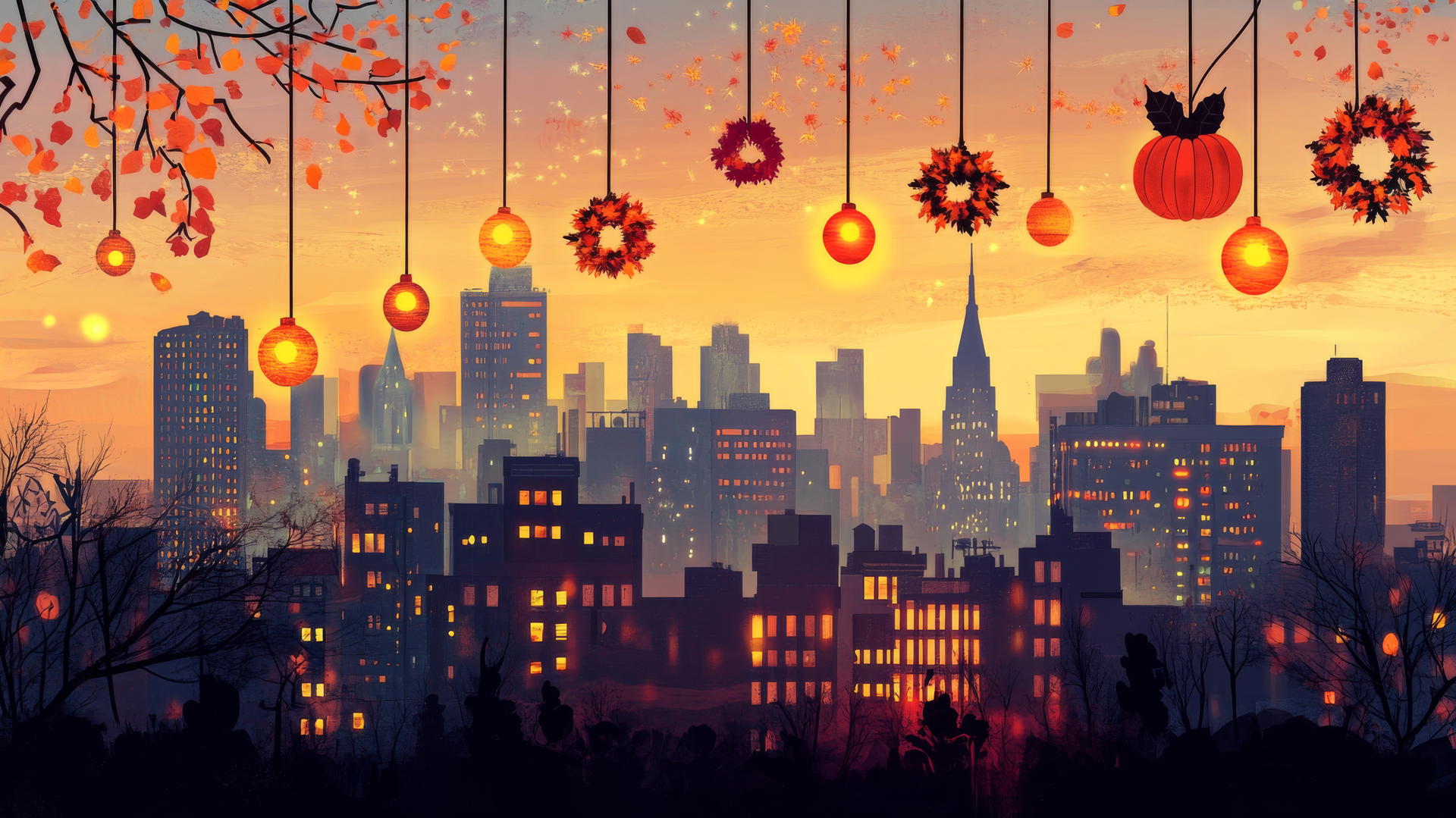 thanksgiving wallpaper of city skyline at sunset with decorations