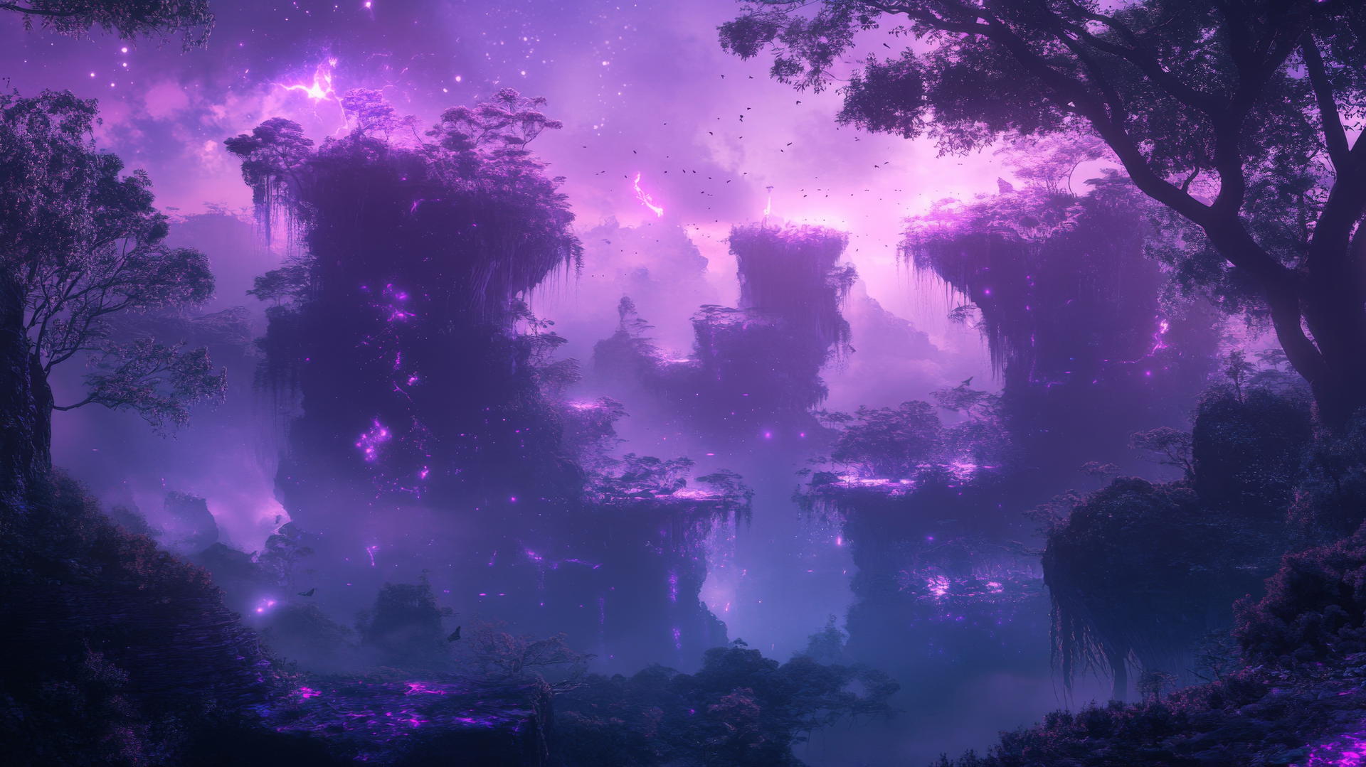 A vibrant fantasy landscape with glowing purple forests, mystical creatures, and floating islands, purple wallpaper 4k