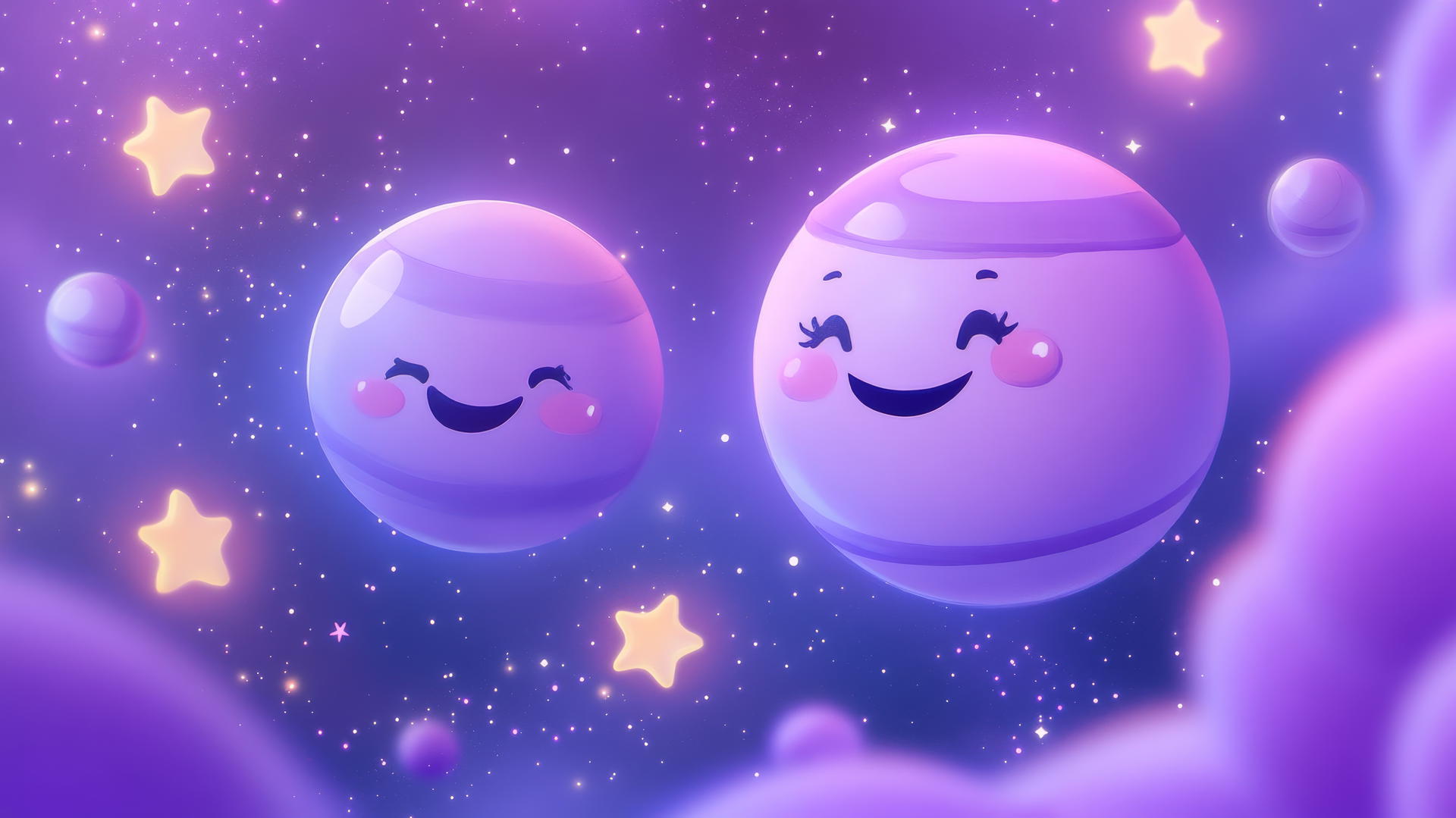 cute purple aesthetic wallpaper with smiling planets and twinkling stars in a lavender galaxy