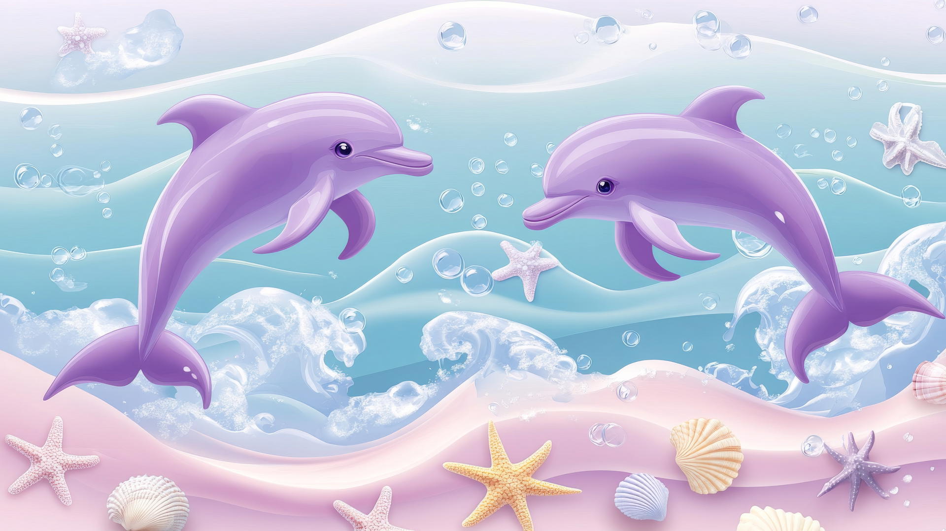 cute purple aesthetic wallpaper with cartoon dolphins, starfish, and seashells