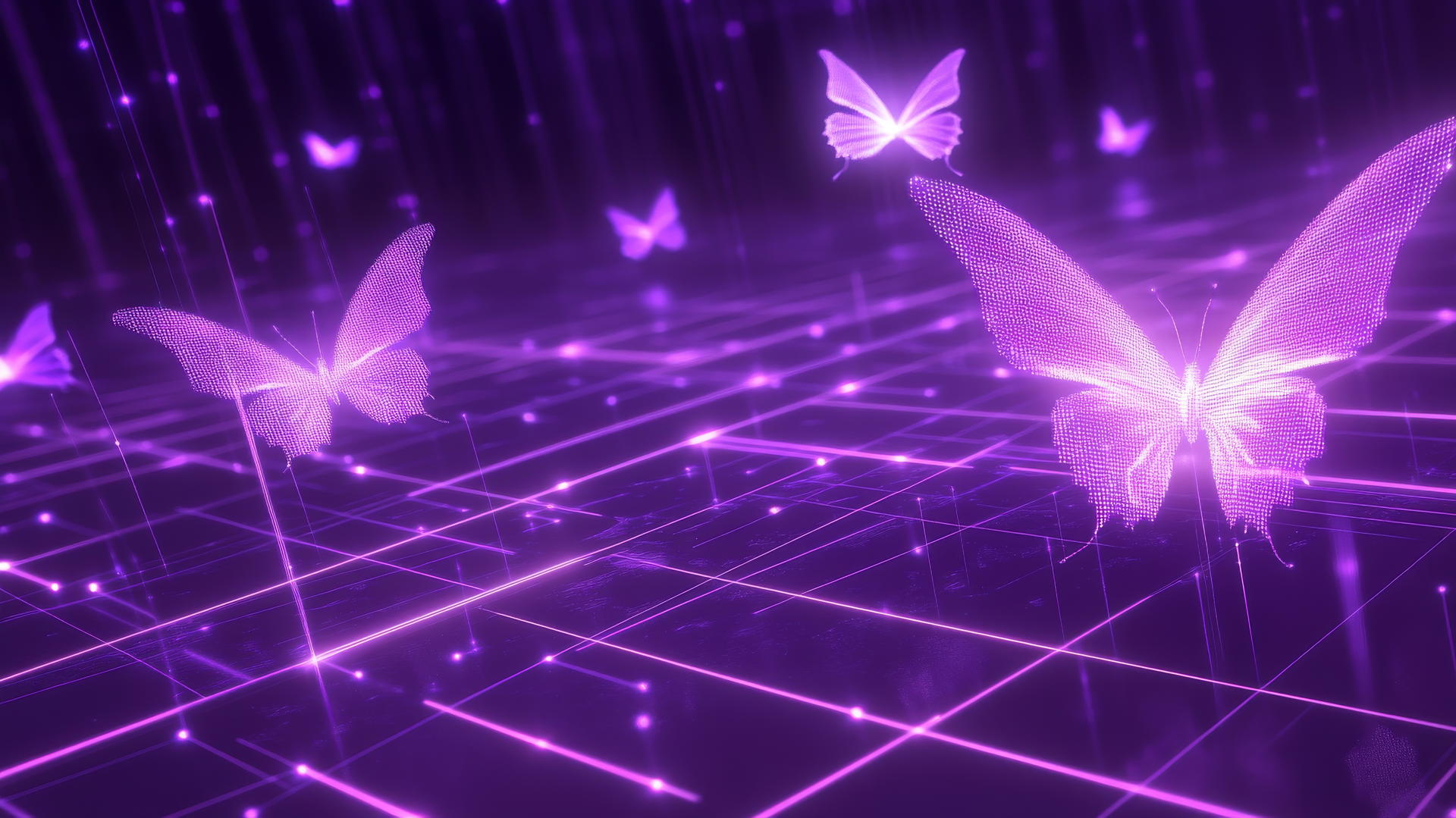 neon purple aesthetic wallpaper with holographic butterflies and digital grid