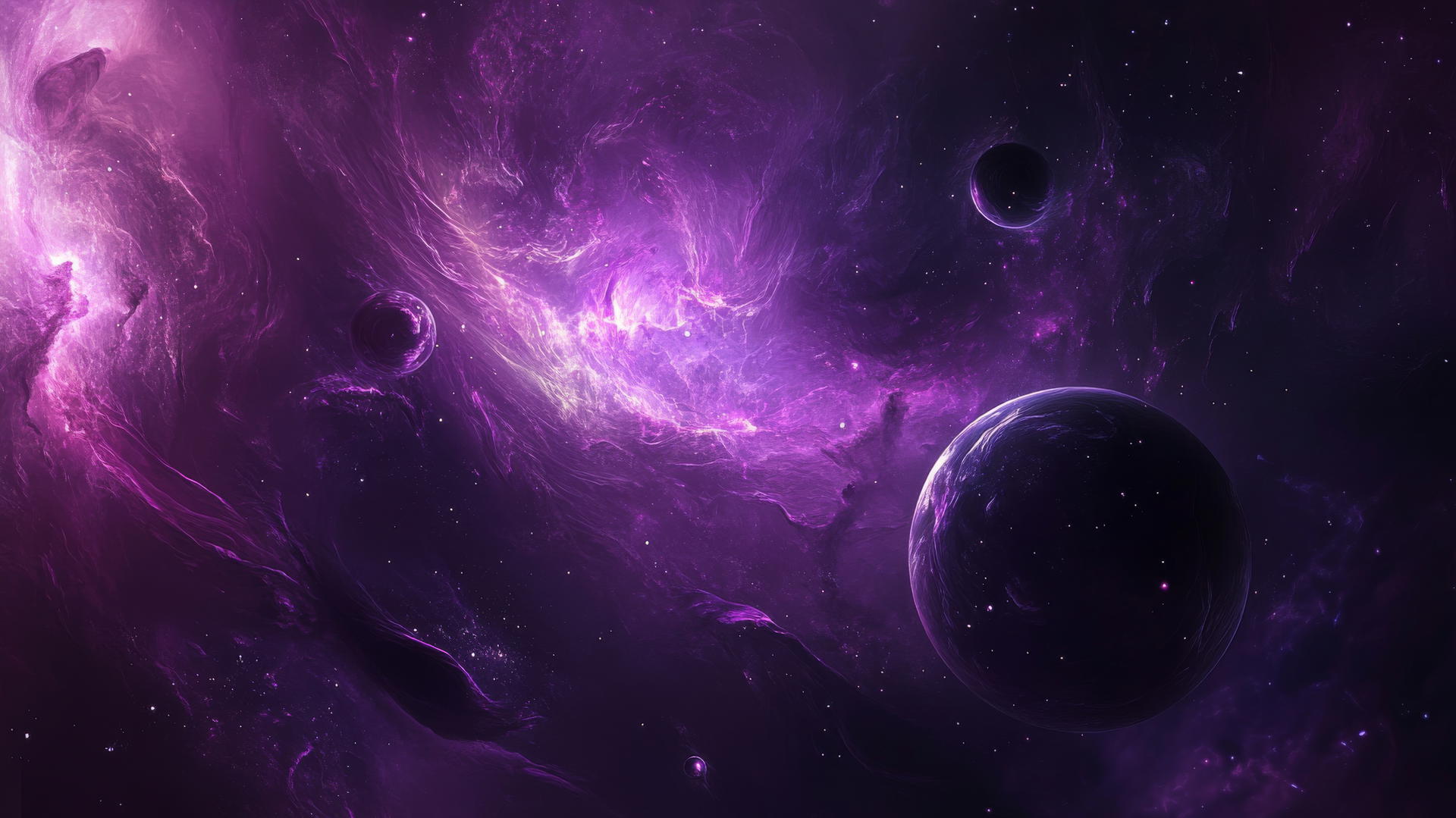 dark purple galaxy wallpaper with nebulae, stars, and glowing planets