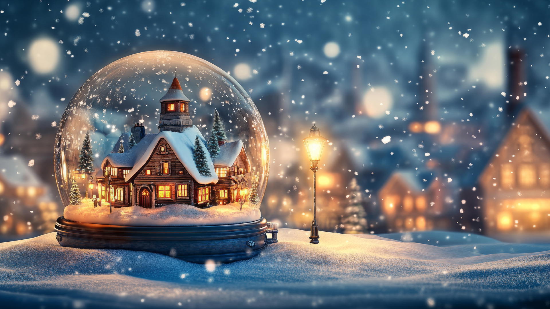 whimsical snow globe scene with tiny winter village and glowing streetlamps, winter background wallpaper